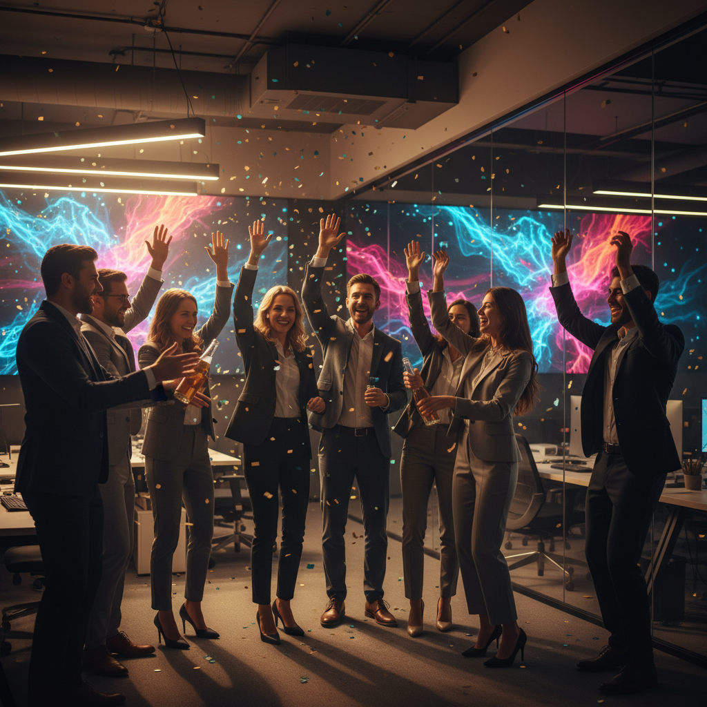 A vibrant image of a bustling tech office during a funding announcement, diverse team members celebrating, warm lighting, modern setting, professional attire, colored background, no text, 4:3 aspect ratio