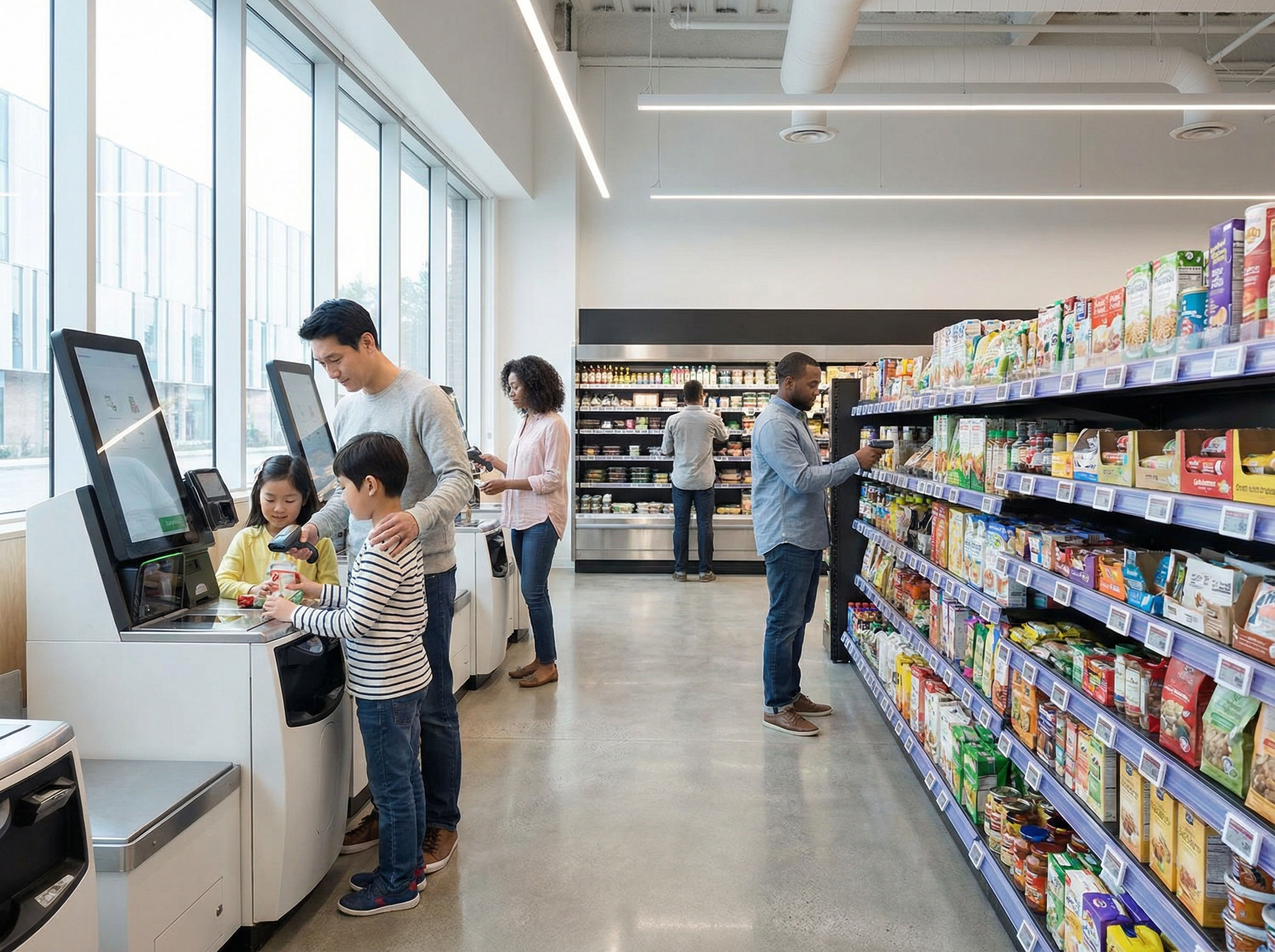 A modern, clean supermarket interior with several self-service checkouts in use. Electronic shelf labels are visible on the shelves. A few diverse customers, including Korean people, are interacting with the technology. The scene is brightly lit. aspect ratio 4:3, no visible text.