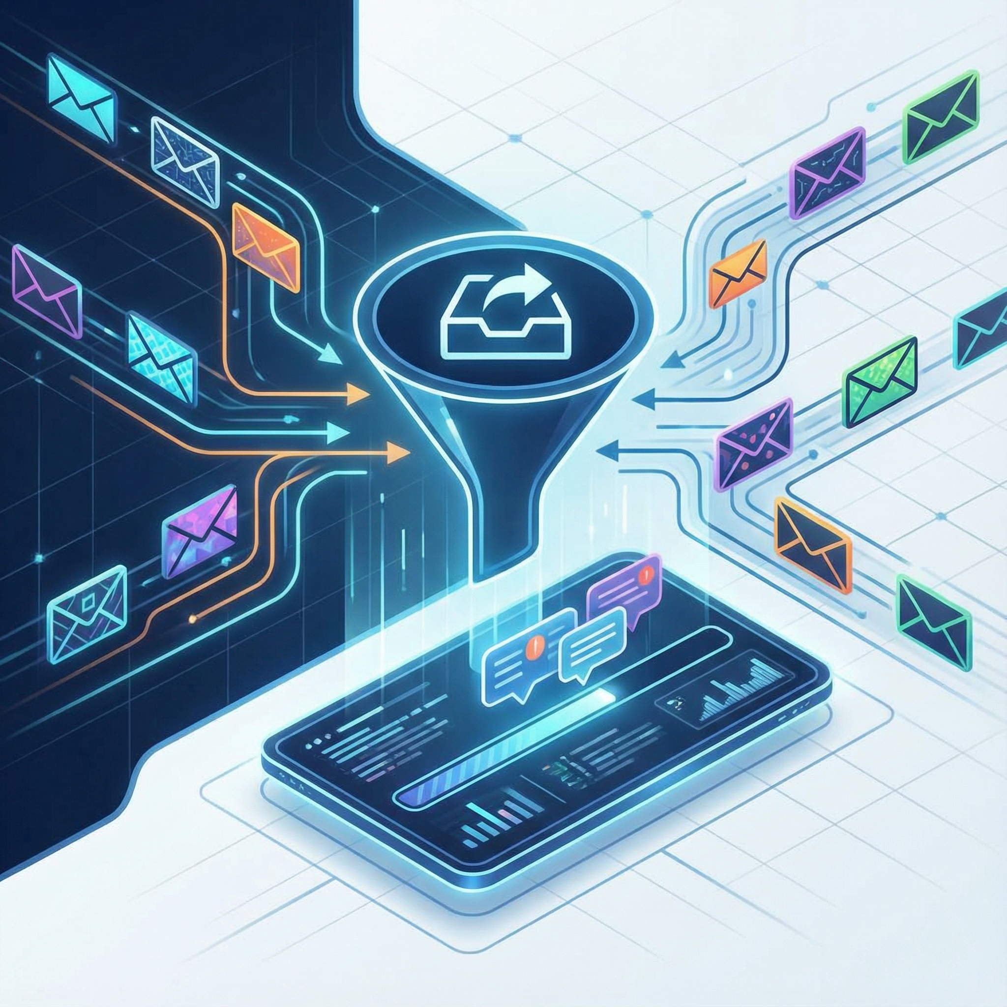 A conceptual image showing multiple email addresses converging into a single unified inbox on a clean, modern digital interface. Informational style, modern layout, high contrast, aspect ratio 1:1, no visible text, no Korean text.