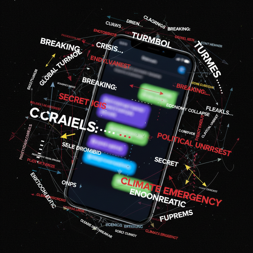 A smartphone screen showing a blurred anonymous messaging app with critical news headlines around it, dark background, infographic style, no text