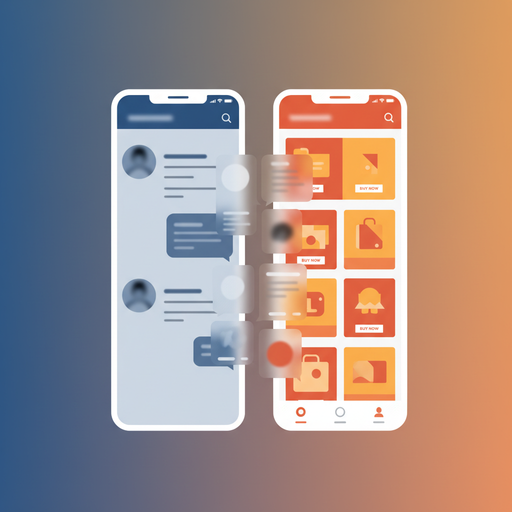 Two distinct smartphone interfaces (one anonymous messaging, one ad-heavy) subtly merging, creating a new, modern interface, clean infographic, gradient background, no text