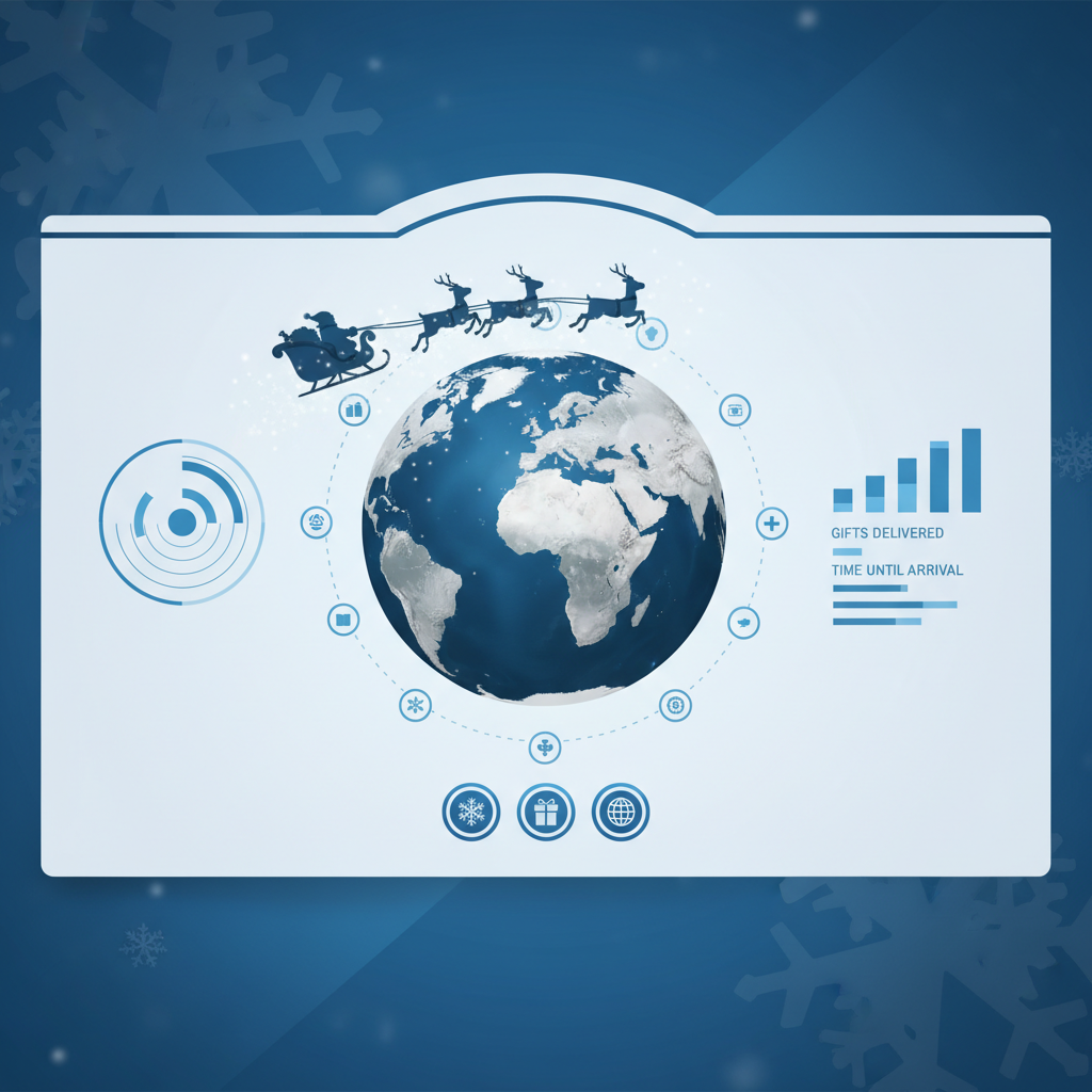 A clean infographic showing the NORAD Santa Tracker website interface, a detailed 3D map depicting Santa's sleigh flying across a realistic globe, various interactive elements around the map, modern layout, high contrast, blue and white color scheme background, no visible text.