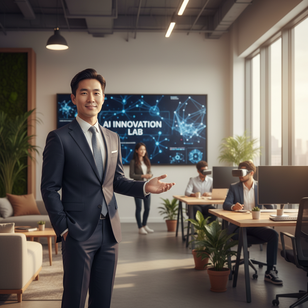 A professional looking Korean man, possibly Naveen Rao, standing confidently in a modern, innovative office setting, suggesting successful AI startup ventures, lifestyle photography, warm lighting, natural setting, no text