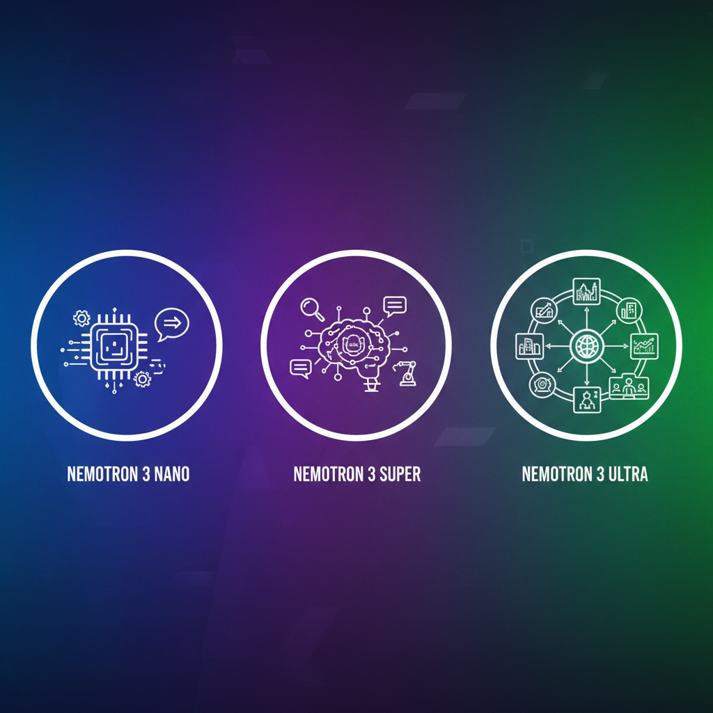 A modern infographic illustrating the three Nemotron 3 models (Nano, Super, Ultra) with distinct, symbolic icons representing their capabilities for different AI agent tasks. The background is a vibrant, textured gradient, no text, 4:3 aspect ratio, clean infographic, modern layout, high contrast