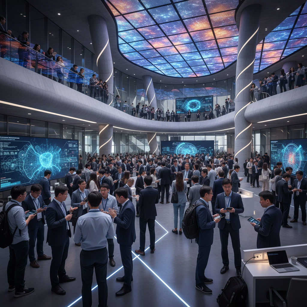 A bustling conference hall at NeurIPS 2025, filled with diverse researchers discussing AI, dynamic lighting, modern architecture, no text, Korean appearance for people