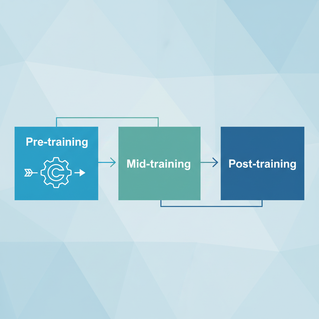 A clean infographic showing a modular system with different blocks labeled "Pre-training," "Mid-training," and "Post-training," where a company logo (represented by a placeholder) is being integrated early in the process. The background has a subtle pattern. No text, modern layout.