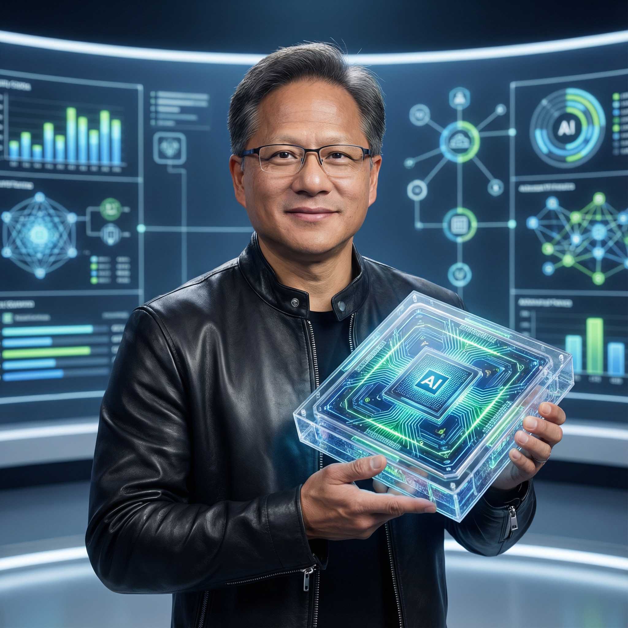 Nvidia CEO Jensen Huang holding up an advanced AI chip with a futuristic, clean infographic style background. The image should convey innovation and leadership in AI technology. 1:1 aspect ratio, no visible text.