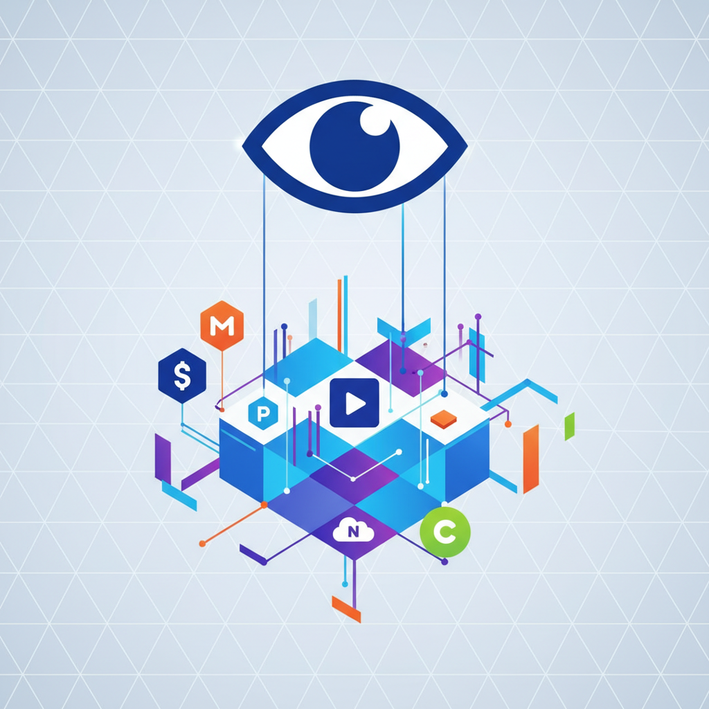 A realistic clean infographic, modern layout, high contrast, showing a stylized eye symbol representing Ofcom overseeing a complex digital landscape with various online platforms and data streams, on a geometric patterned background. The lighting is bright and balanced, with a centered focus and minimal empty margins. No visible text in image.