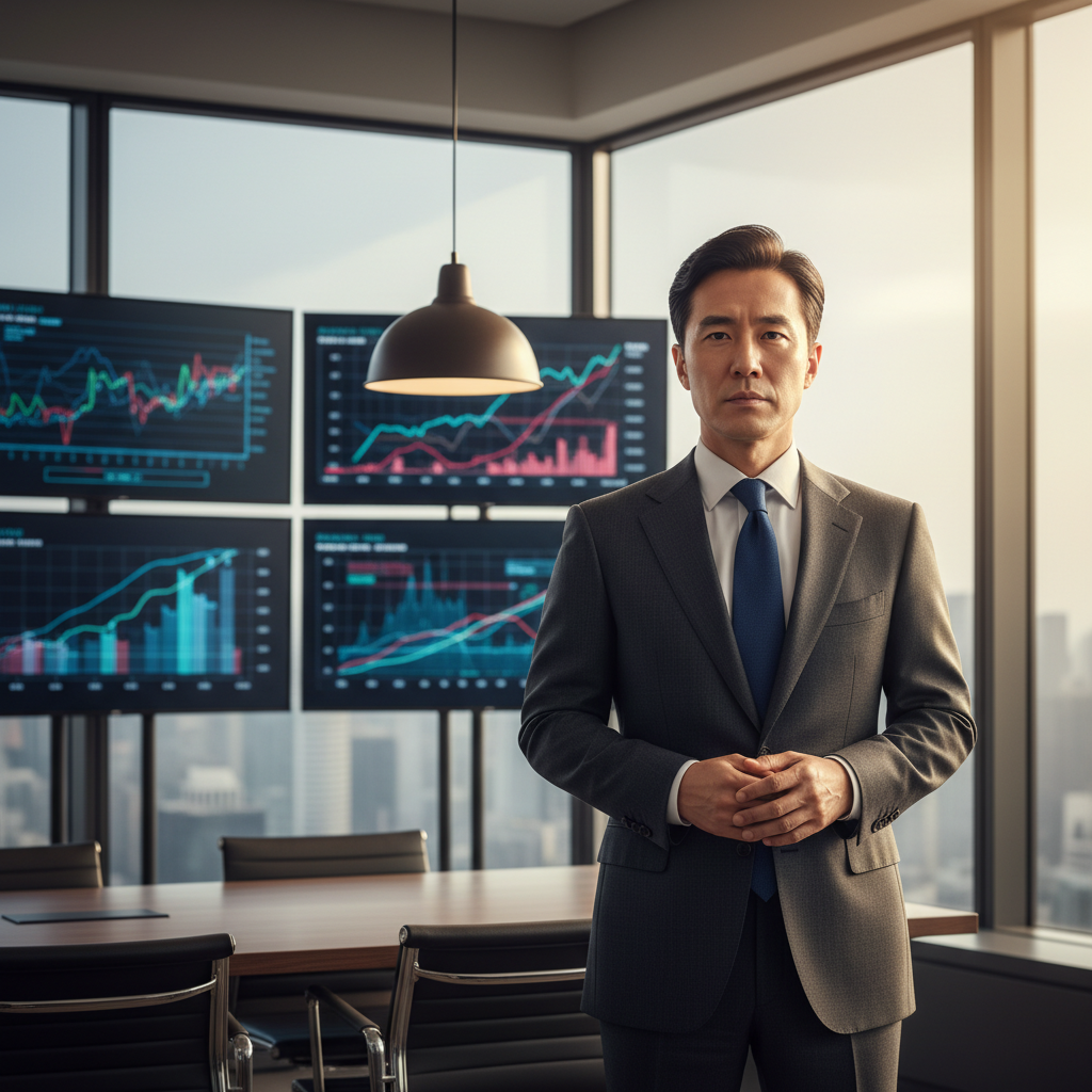 Realistic portrait of a determined Korean CEO, resembling Sam Altman, in a modern office setting with data screens in the blurred background, displaying urgent information. Warm lighting, natural expression. Style: lifestyle photography. No visible text. No Korean characters.