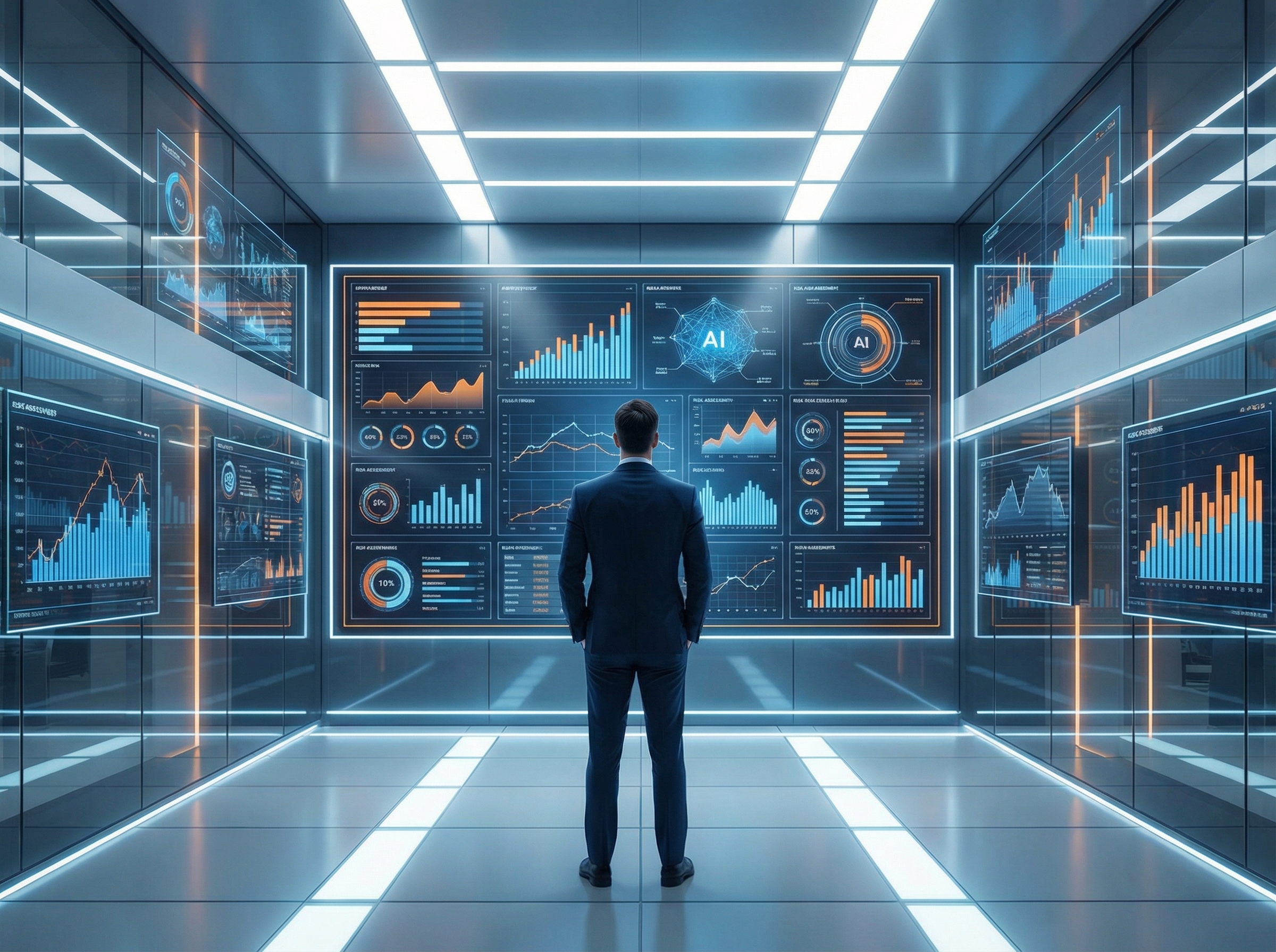 A complex, futuristic control room with multiple screens displaying AI-related data and risk assessments. A person in a suit stands in the center, looking determined. The room has a modern, clean infographic style with high contrast lighting. No visible text. Aspect ratio 4:3.