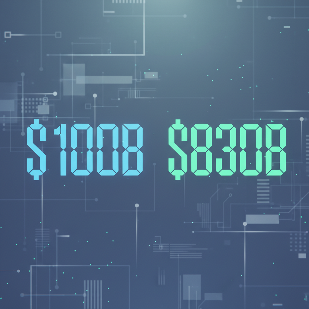 A futuristic clean infographic showing large numbers representing $100B and $830B, with subtle AI-themed background, high contrast, no visible text, 1:1 aspect ratio