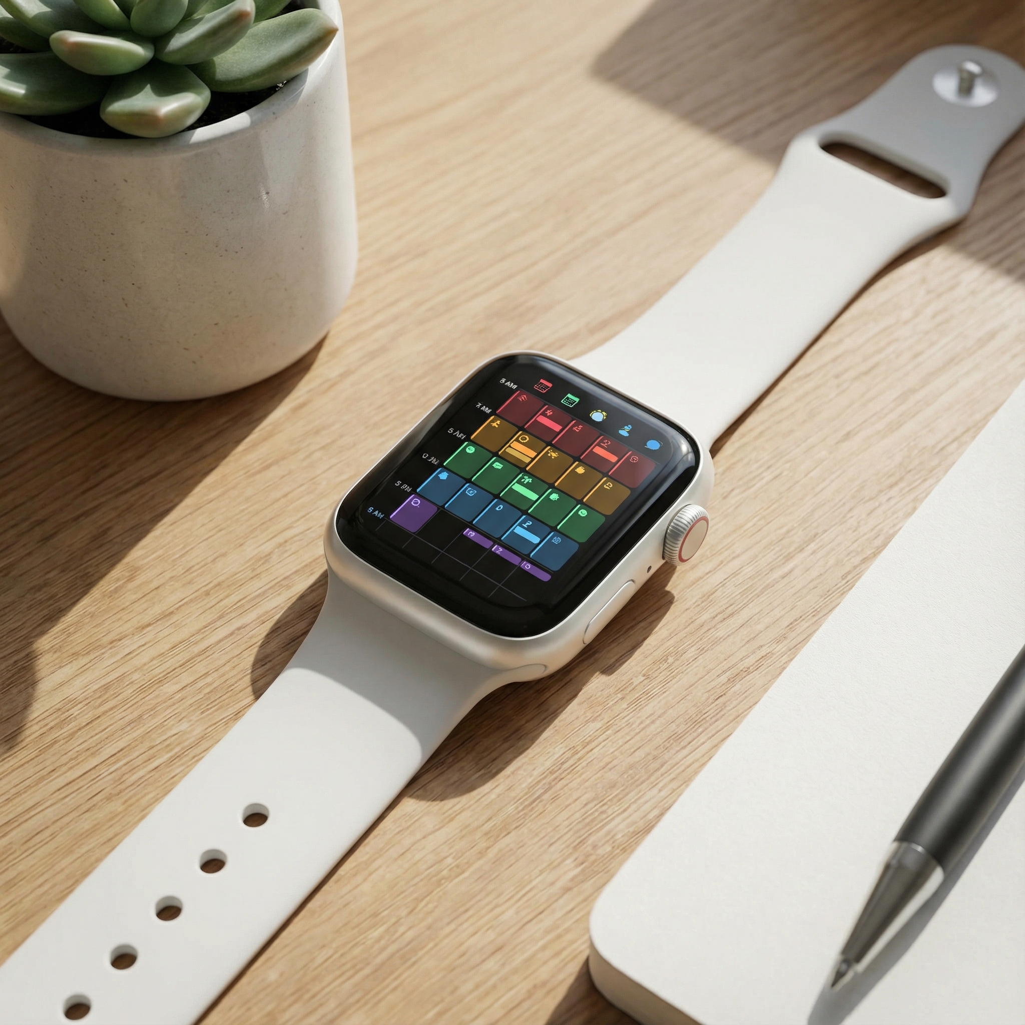 An Apple Watch screen showing a highly organized calendar app interface with various events and tasks clearly laid out. The background is a clean, minimalist desk setting with subtle lighting. The composition is detailed and modern. No visible text, 1:1 aspect ratio.