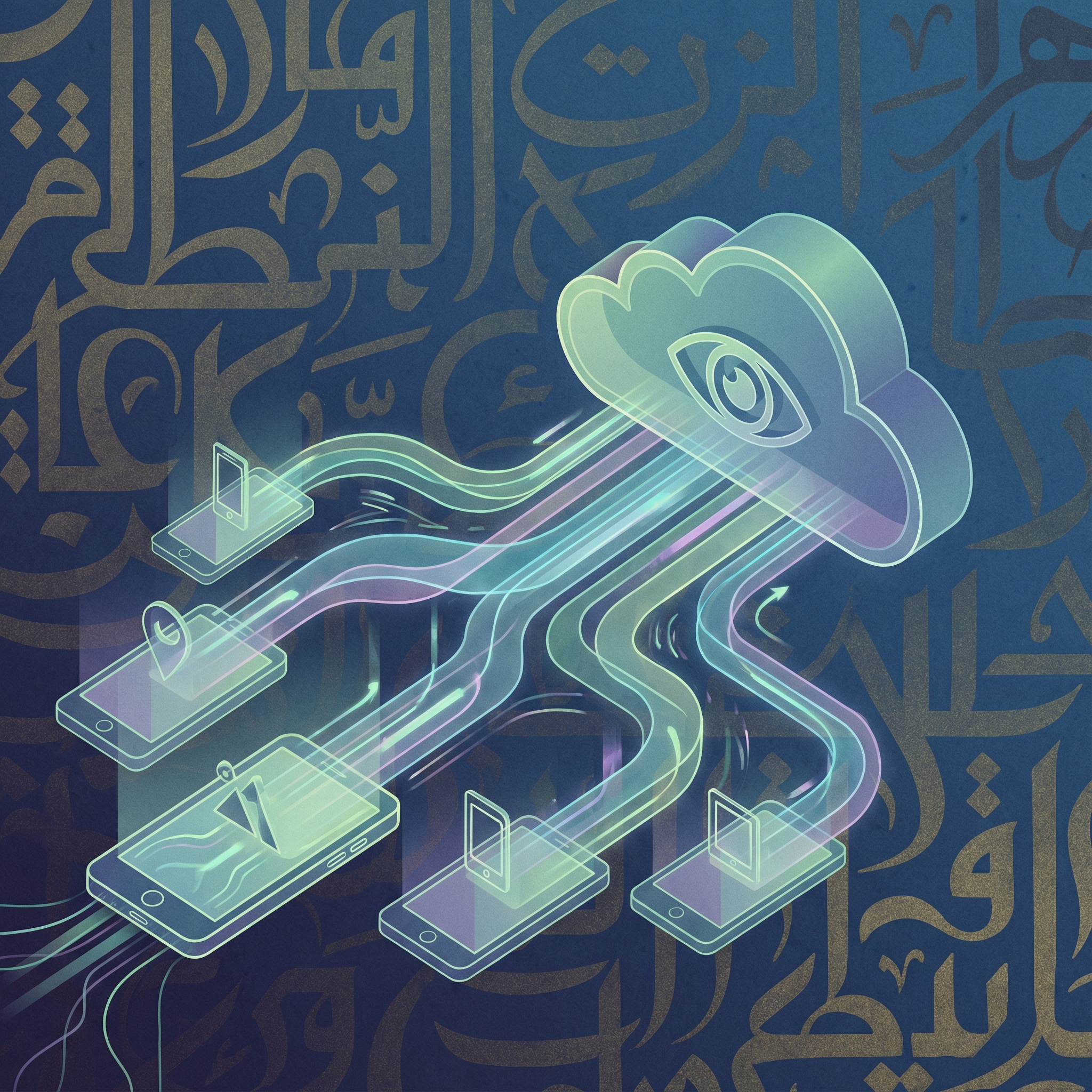A stylized representation of interconnected data streams flowing from mobile phones into a massive cloud storage, suggesting mass surveillance, with subtle Arabic script patterns in the background, informational style, no visible text, aspect ratio 1:1.