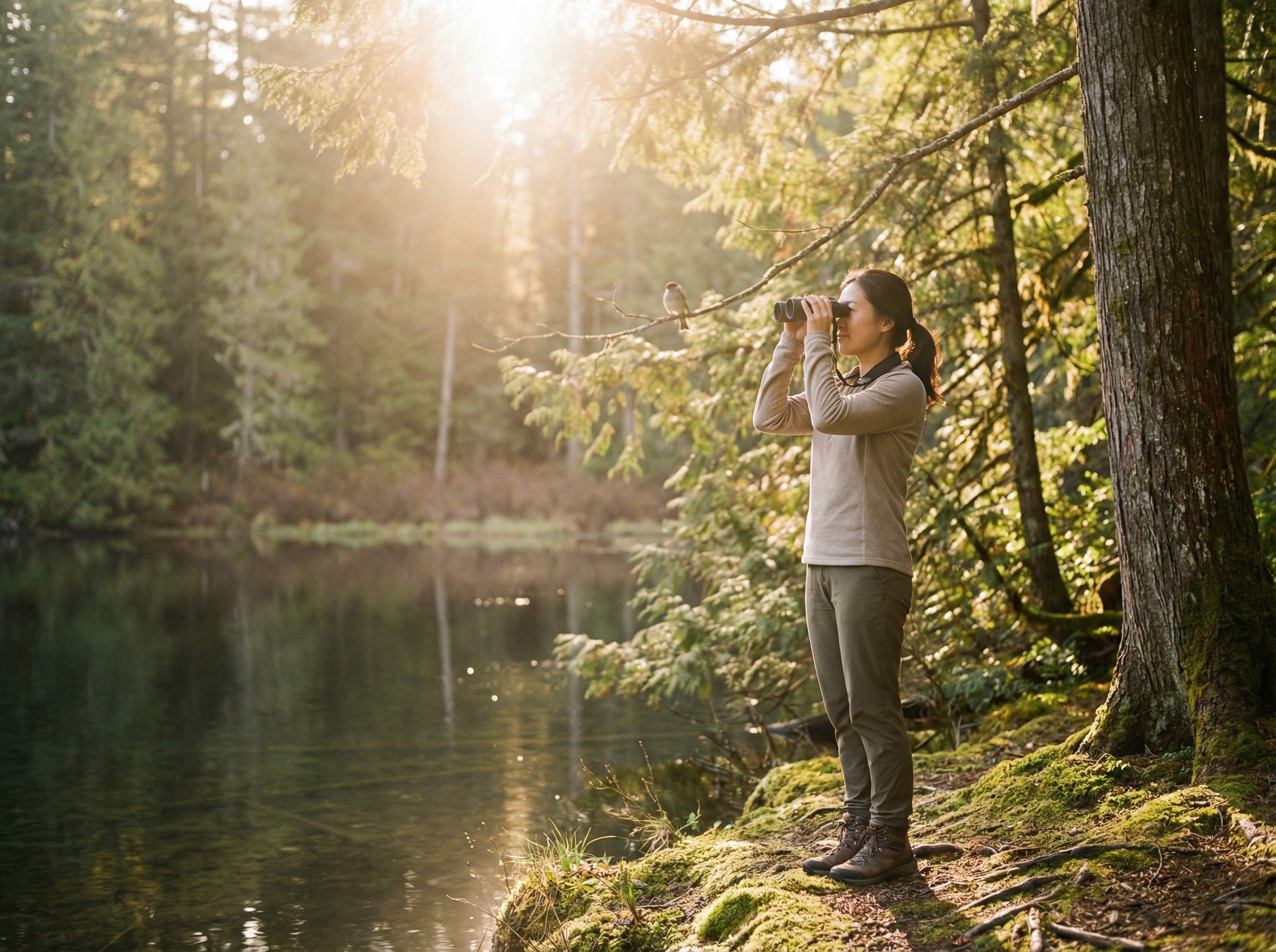 A peaceful person, with Korean features, standing in a serene natural setting like a forest or lakeside, holding binoculars and quietly observing birds. The sunlight filters through the trees creating a soft, warm glow. Lifestyle photography, natural setting, warm lighting, aspect ratio 4:3, no visible text, no Korean text.
