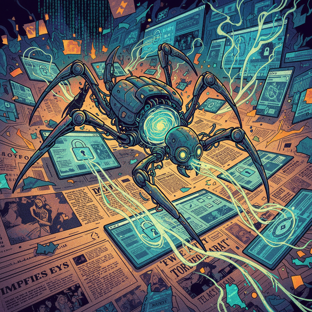 Illustration of an AI robot secretly crawling and scraping content from various digital newspapers and websites, with some content behind paywalls. Textured background, vibrant colors, no text.