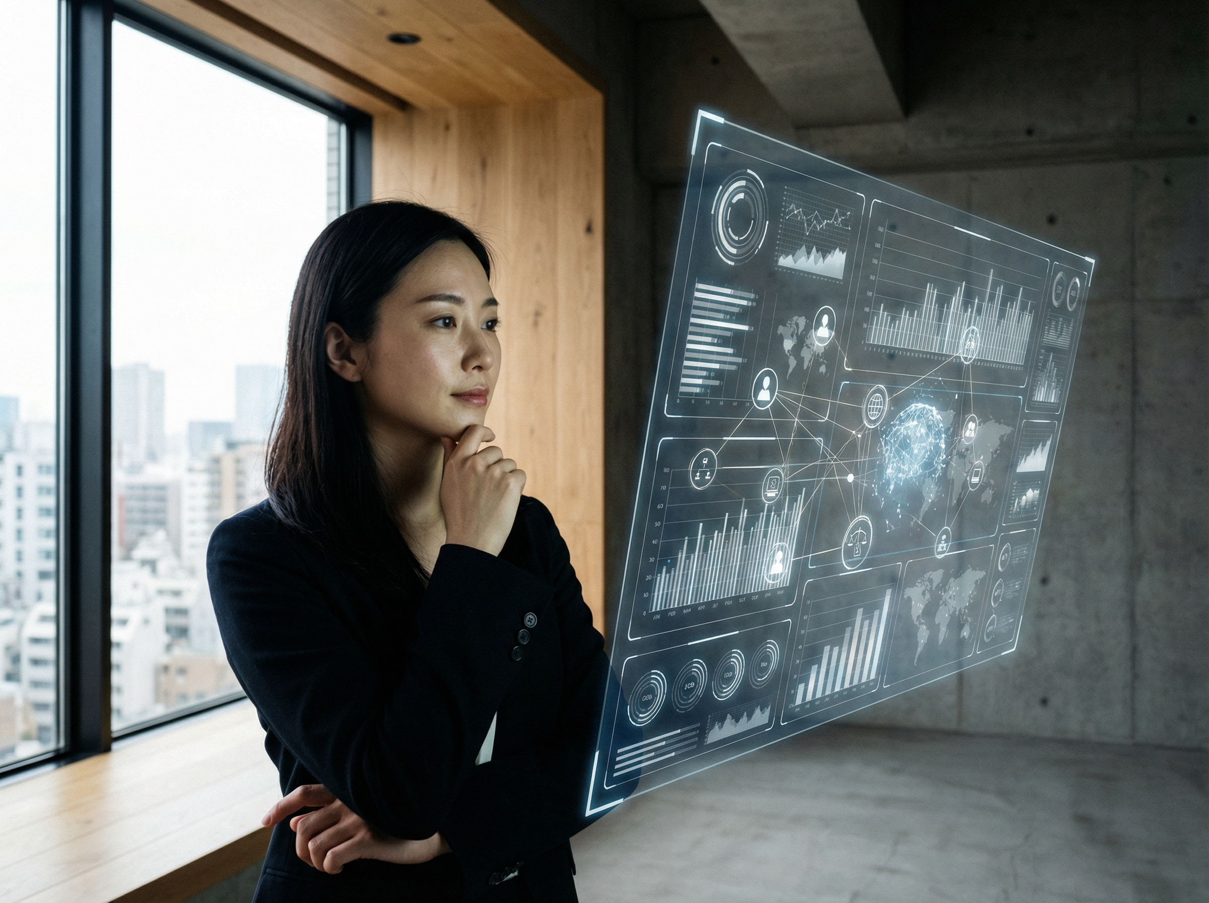 A person thoughtfully observing a futuristic, translucent AI interface, displaying job-related data, in a clean, modern office setting. The person has a Korean appearance, natural expression. Aspect ratio 4:3, no visible text, high contrast.
