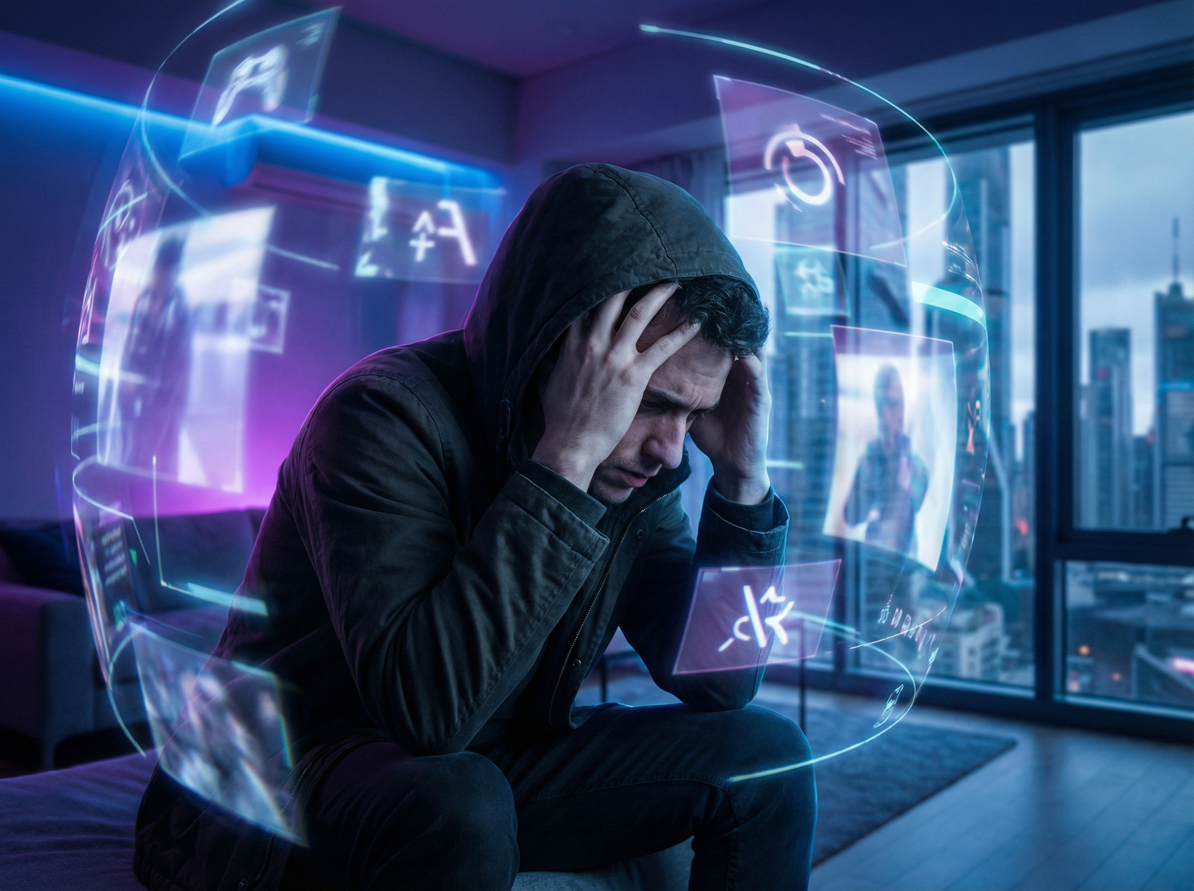 A person looking distressed while interacting with a holographic AI interface, symbolizing mental health challenges from AI, soft blue and purple lighting, futuristic setting, 4:3 aspect ratio, no visible text