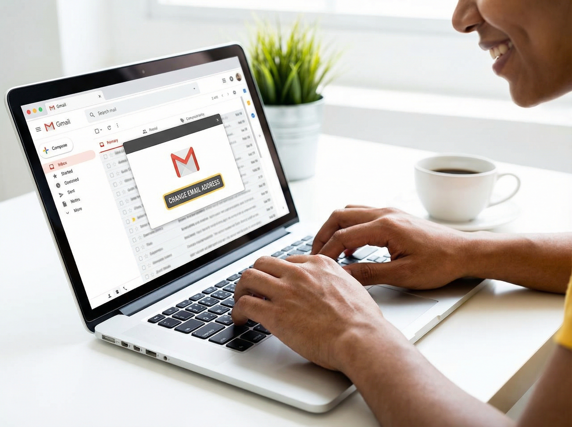 A person's hands on a laptop keyboard, with a Gmail interface on the screen showing an option to change email address. The person looks happy. Informational style, modern layout, high contrast, aspect ratio 4:3, no visible text, no Korean text.