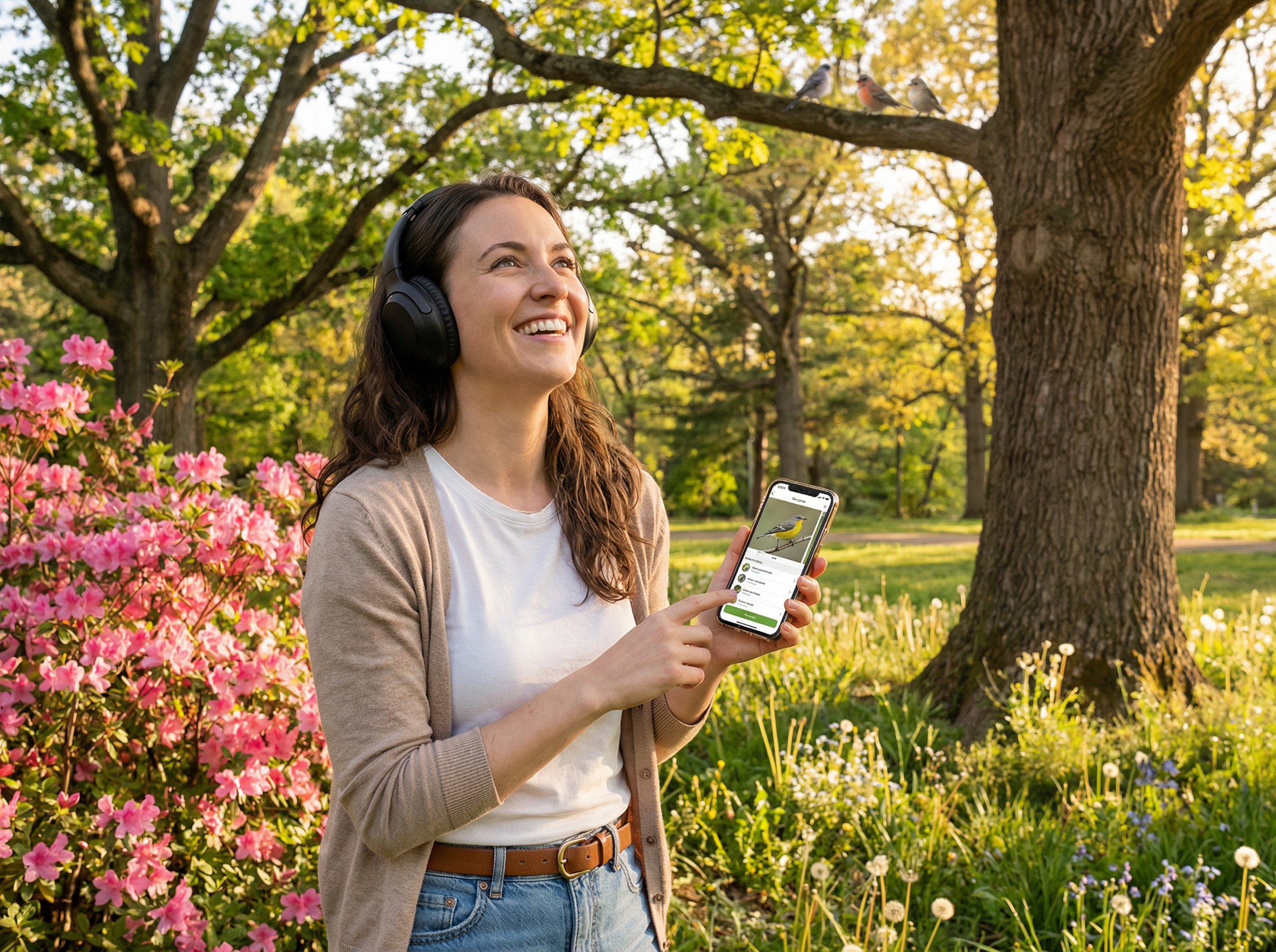 A person happily using a smartphone outdoors in a vibrant park, smiling as they listen to birdsong with headphones, surrounded by lush green trees and colorful flowers. The phone screen shows the Merlin app interface identifying a bird. Lifestyle photography, warm lighting, natural setting, aspect ratio 4:3, no visible text, no Korean text.