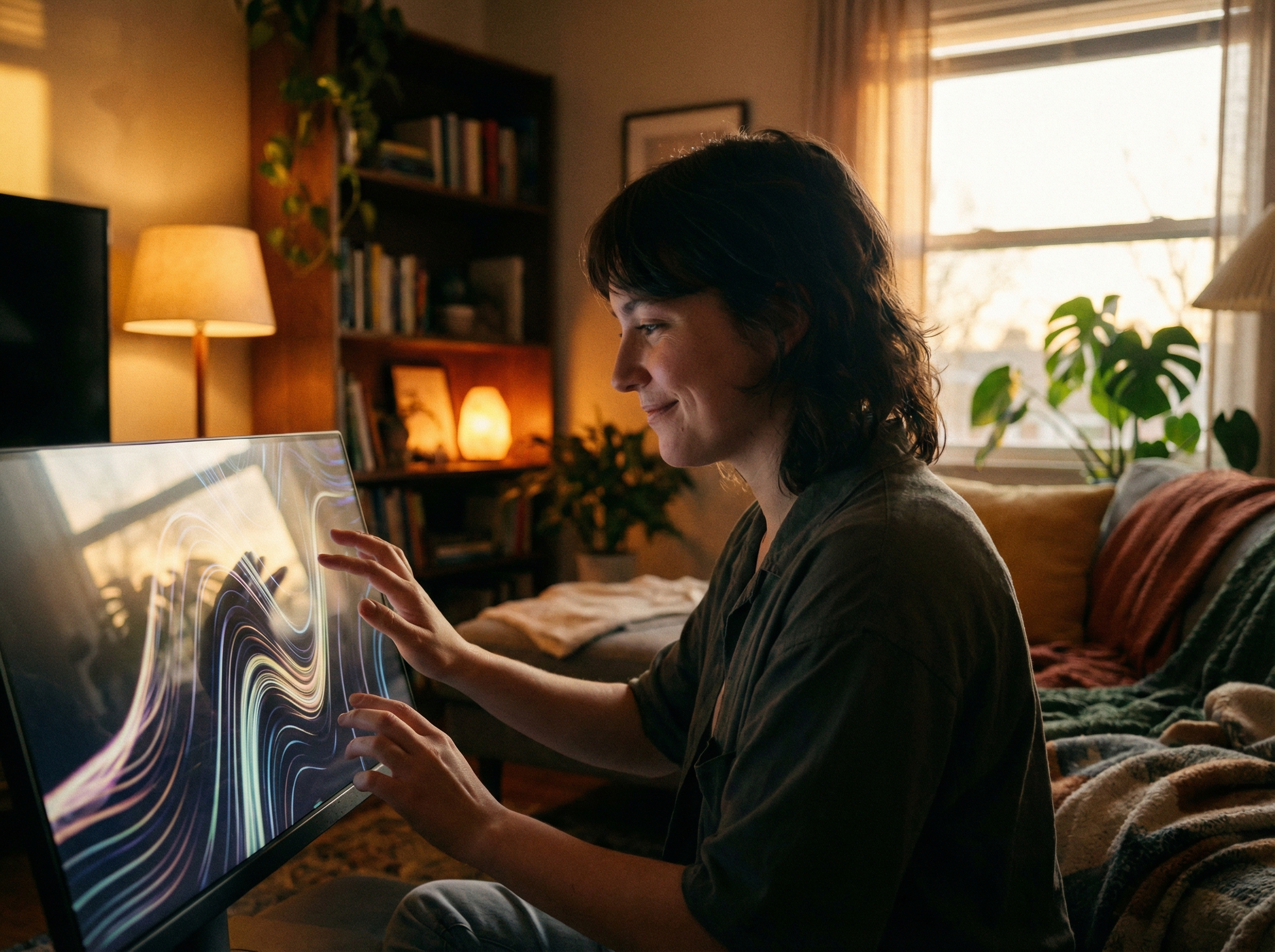 A person with a gentle smile interacting with an AI interface on a screen, cozy home environment, warm lighting, no visible text, aspect ratio 4:3