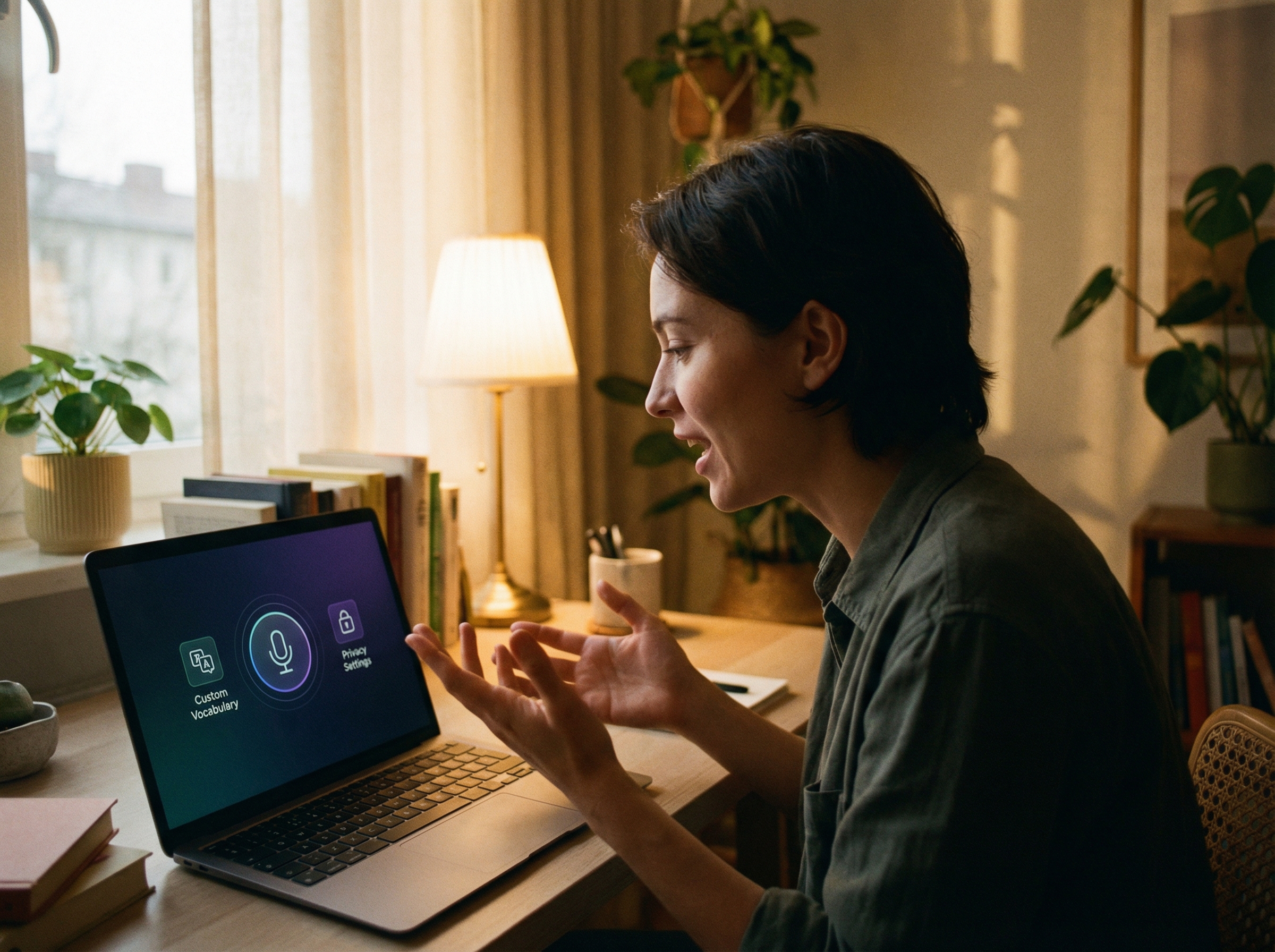 A person speaking clearly towards a laptop with an AI dictation app open. The app interface shows options for custom vocabulary and privacy settings, with soft, warm lighting. Aspect ratio 4:3, no visible text.