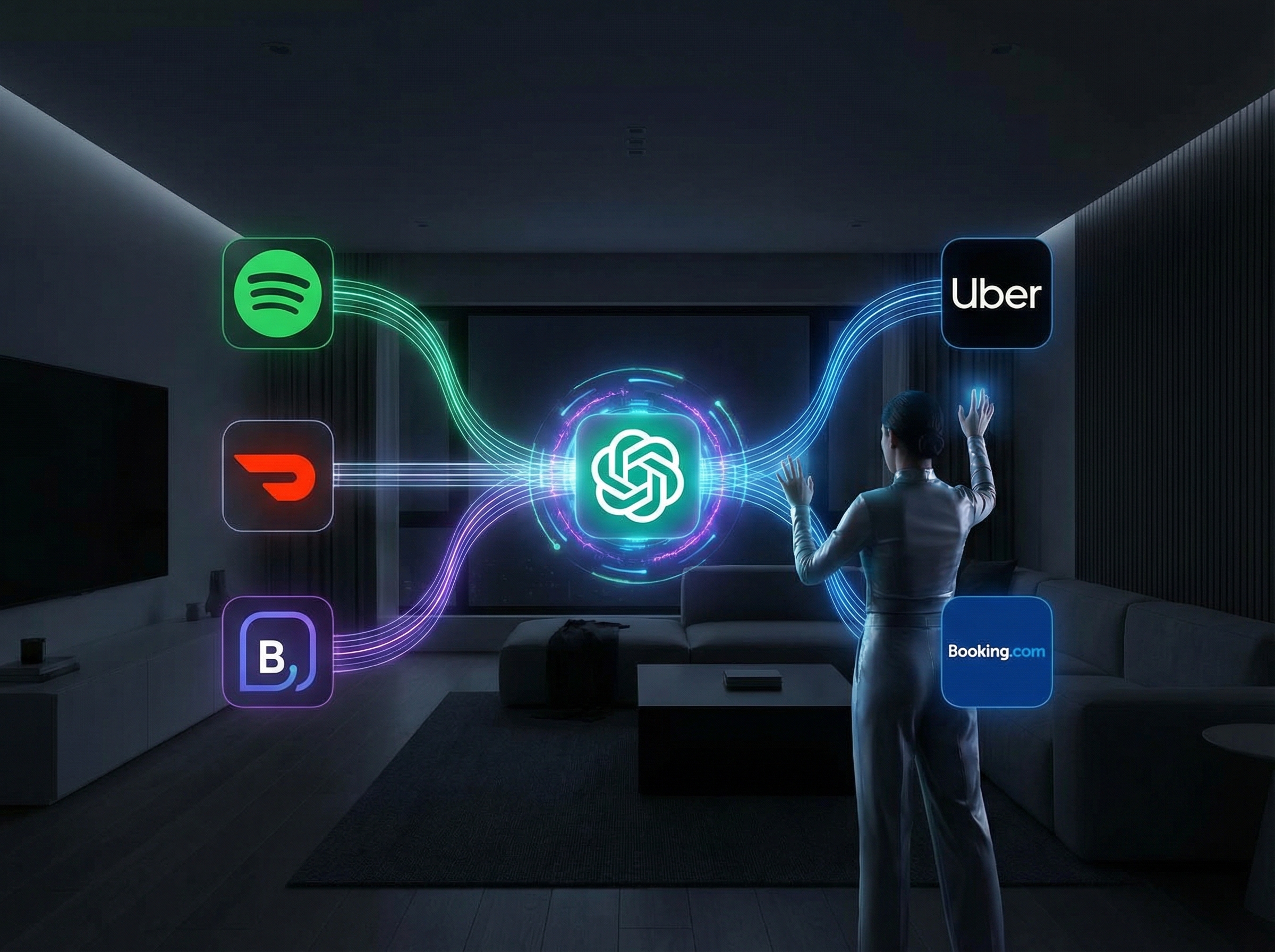 A person interacting with a futuristic holographic interface, with various app icons like Spotify, DoorDash, Uber, and Booking.com seamlessly connected to a central ChatGPT icon, depicting ease of use and modern technology. Aspect ratio 4:3, no visible text, modern layout, high contrast.