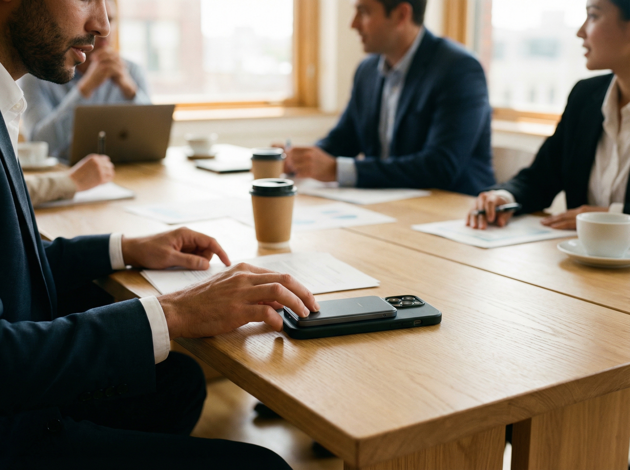 A professional person using a Plaud Note Pro discreetly in a business meeting. The device is attached to the back of a smartphone on the conference table. Lifestyle photography, warm lighting, natural setting, no visible text, 4:3 aspect ratio.