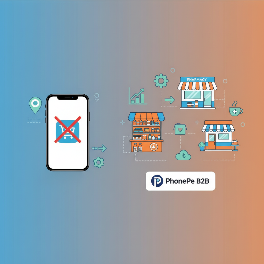 Clean infographic showing the transition from consumer e-commerce to B2B services. On one side, a stylized phone with a "Pincode" app icon crossed out. On the other side, various small businesses (kirana stores, pharmacies) being supported by digital tools, with a "PhonePe B2B" logo. Use modern layout, high contrast, and a colored gradient background. No visible text on images.