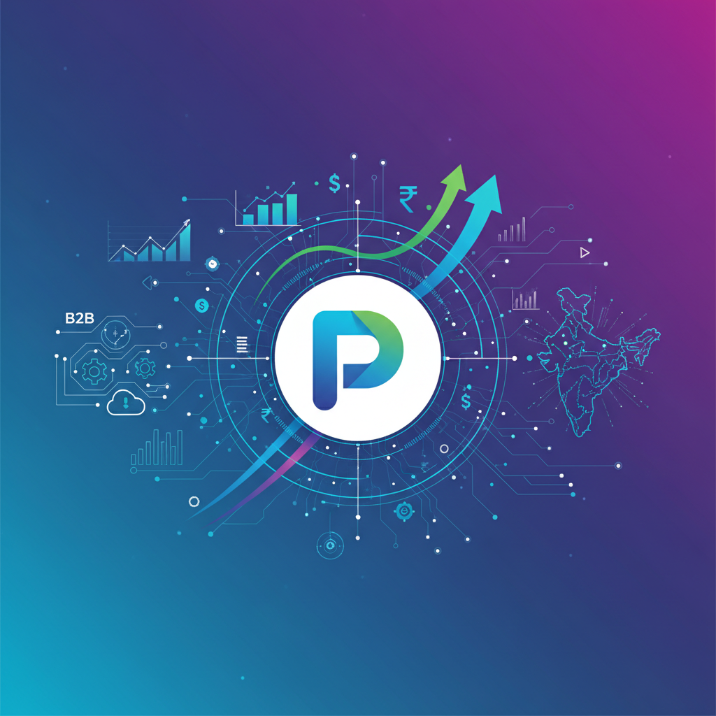 Modern and sophisticated infographic representing PhonePe's strategic shift and preparations for IPO. Show growth curves, abstract financial symbols, and interconnected digital networks. The PhonePe logo is prominent, surrounded by elements symbolizing B2B services and market expansion in India. Use a clean design, high contrast, and a gradient background. No visible text on images.