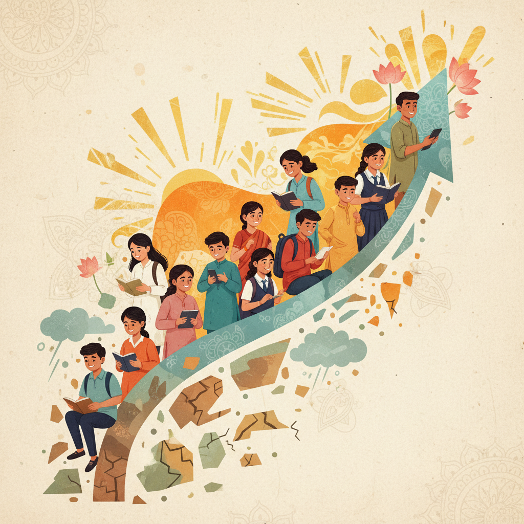 A bright, optimistic illustration of an upward-trending arrow integrated with diverse student figures in an Indian setting, symbolizing successful growth amidst challenges, textured background, no text, illustration, artistic rendering