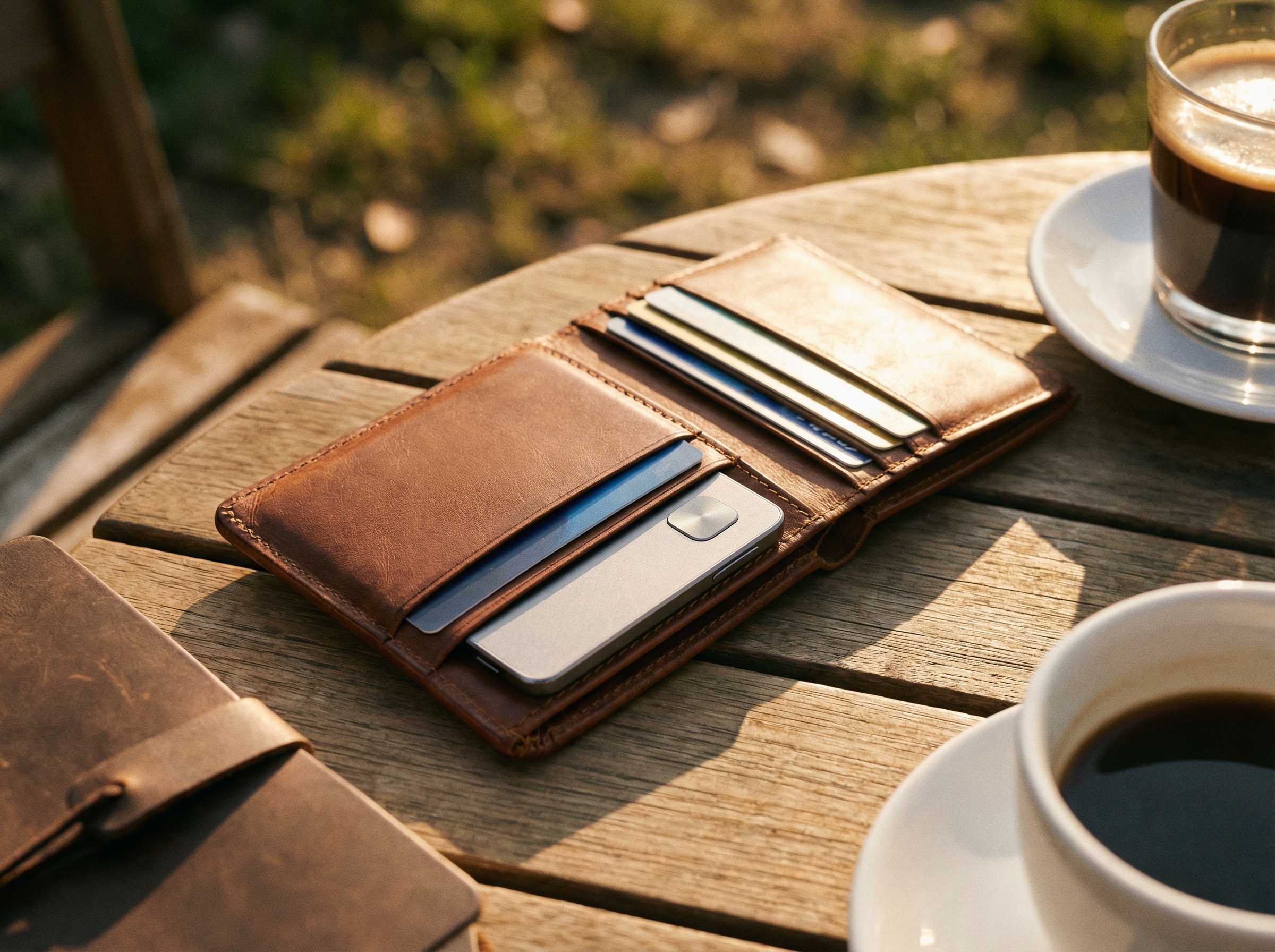 Plaud Note Pro AI voice recorder, ultra-thin, credit card sized, fitting into a sleek leather wallet, with other credit cards. Lifestyle photography, warm lighting, natural setting, no visible text, 4:3 aspect ratio.