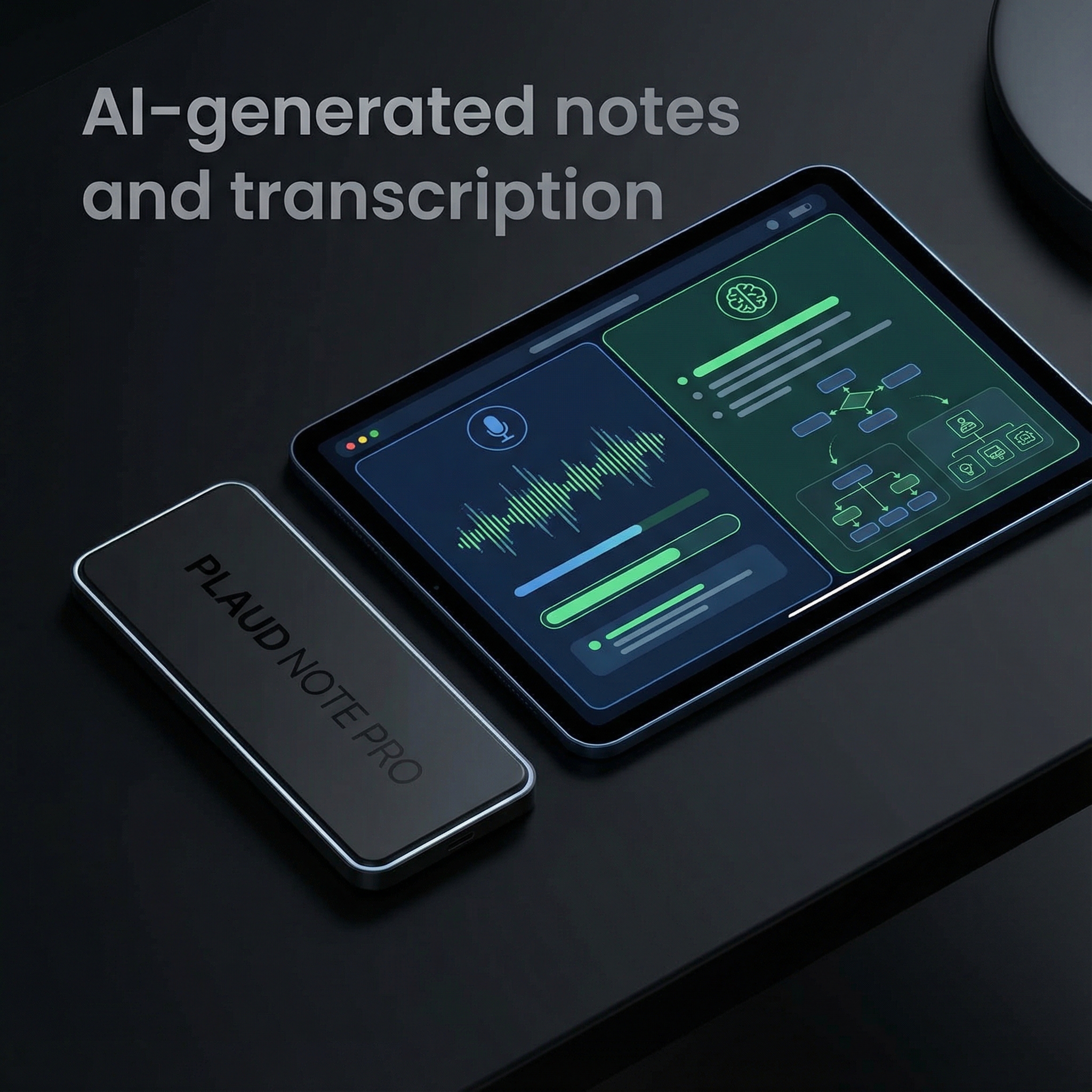 A Plaud Note Pro device next to a tablet displaying AI-generated notes and transcription of a meeting. Informational style, clean infographic, modern layout, high contrast, no visible text, 1:1 aspect ratio.