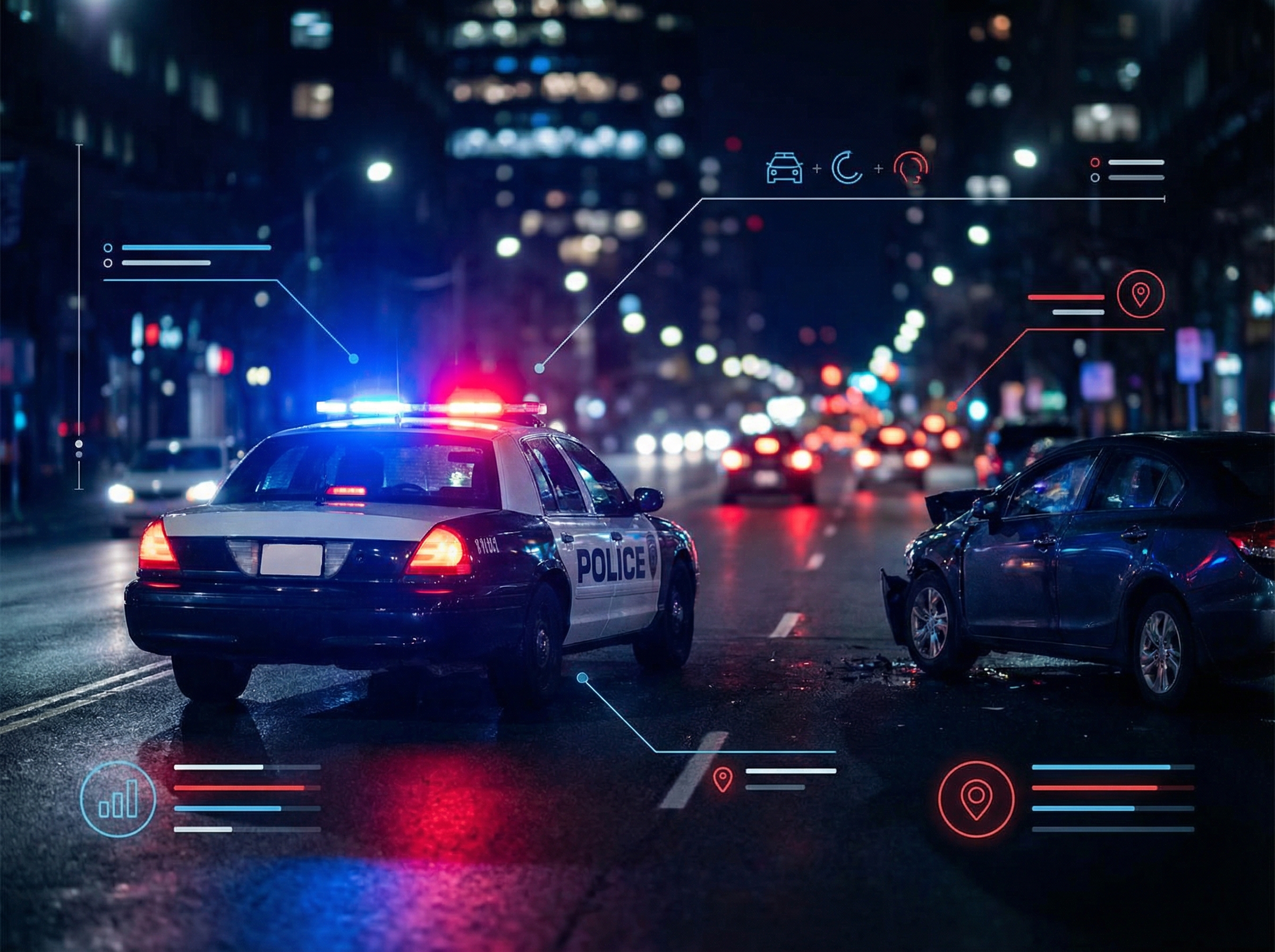 A police car with flashing lights at the scene of a car accident at night, with blurred background of city lights. Informational style, clean infographic, modern layout, high contrast. Aspect ratio 4:3, no visible text.
