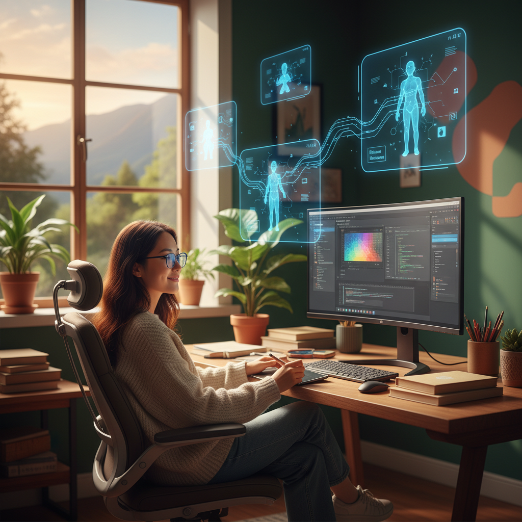 Lifestyle photography showing a relaxed Korean developer focusing on creative tasks, while in the background, AI agents are autonomously handling routine non-coding tasks like incident resolution and release management, warm lighting, natural setting, colored background, no text.