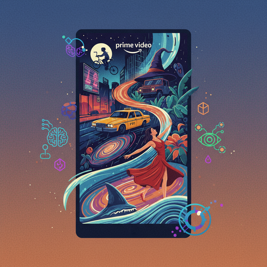 An illustration showing various iconic movie scenes subtly blended together on a Prime Video interface, with small icons indicating AI functionality. Style: illustration, artistic rendering, textured background. No visible text, no Korean characters. Colored background, minimal empty space.