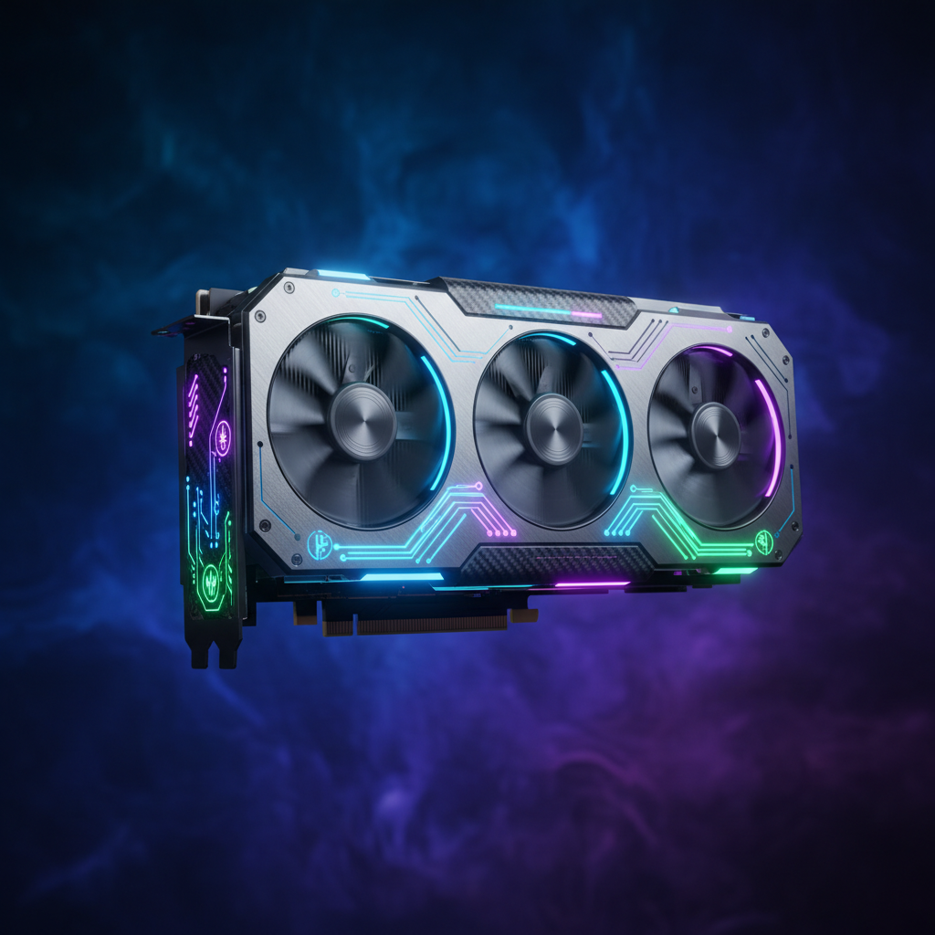A sleek, modern graphic card (GPU) illuminated by bright, futuristic lights, representing high performance and advanced technology. The background is a deep, textured gradient of blue and purple, no text