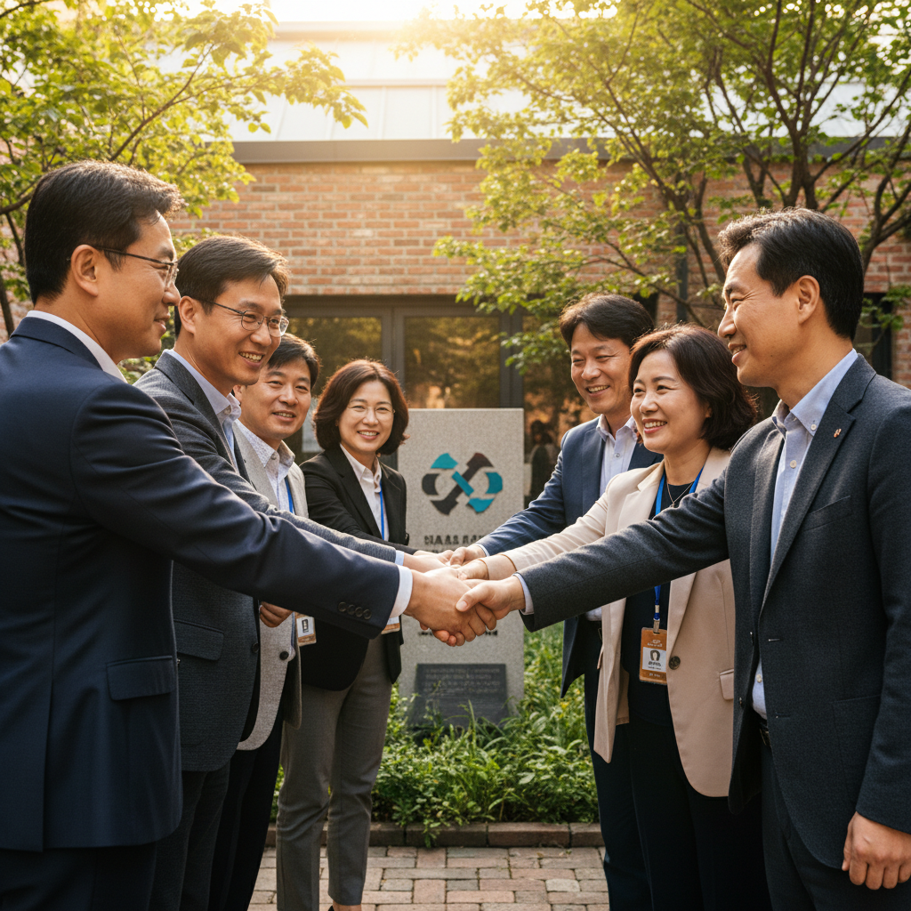 A diverse group of people representing various media organizations shaking hands in a collaborative setting, showing support for a common standard, lifestyle photography, warm lighting, natural setting, Korean appearance, no text