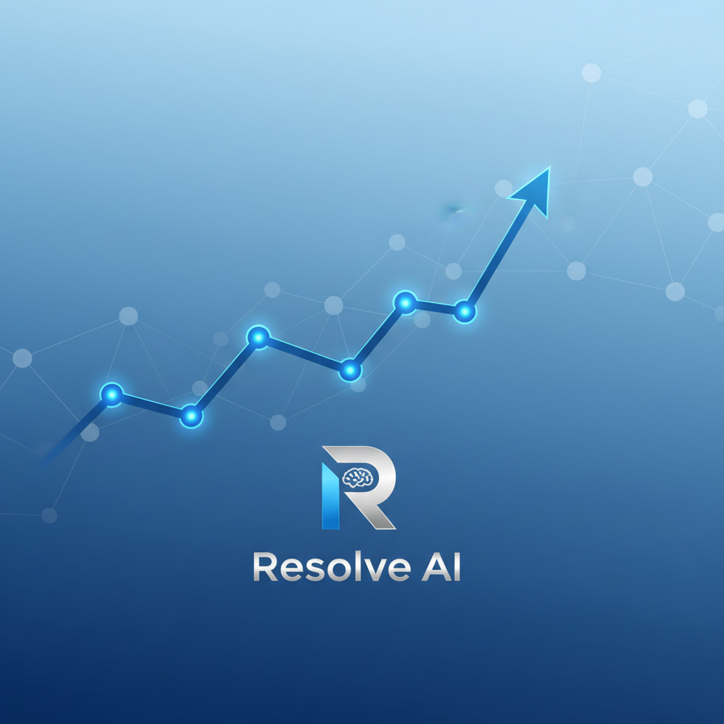 A clean infographic showing an upward trend graph with Resolve AI logo, representing growth and success, modern layout, high contrast, gradient blue background, no text