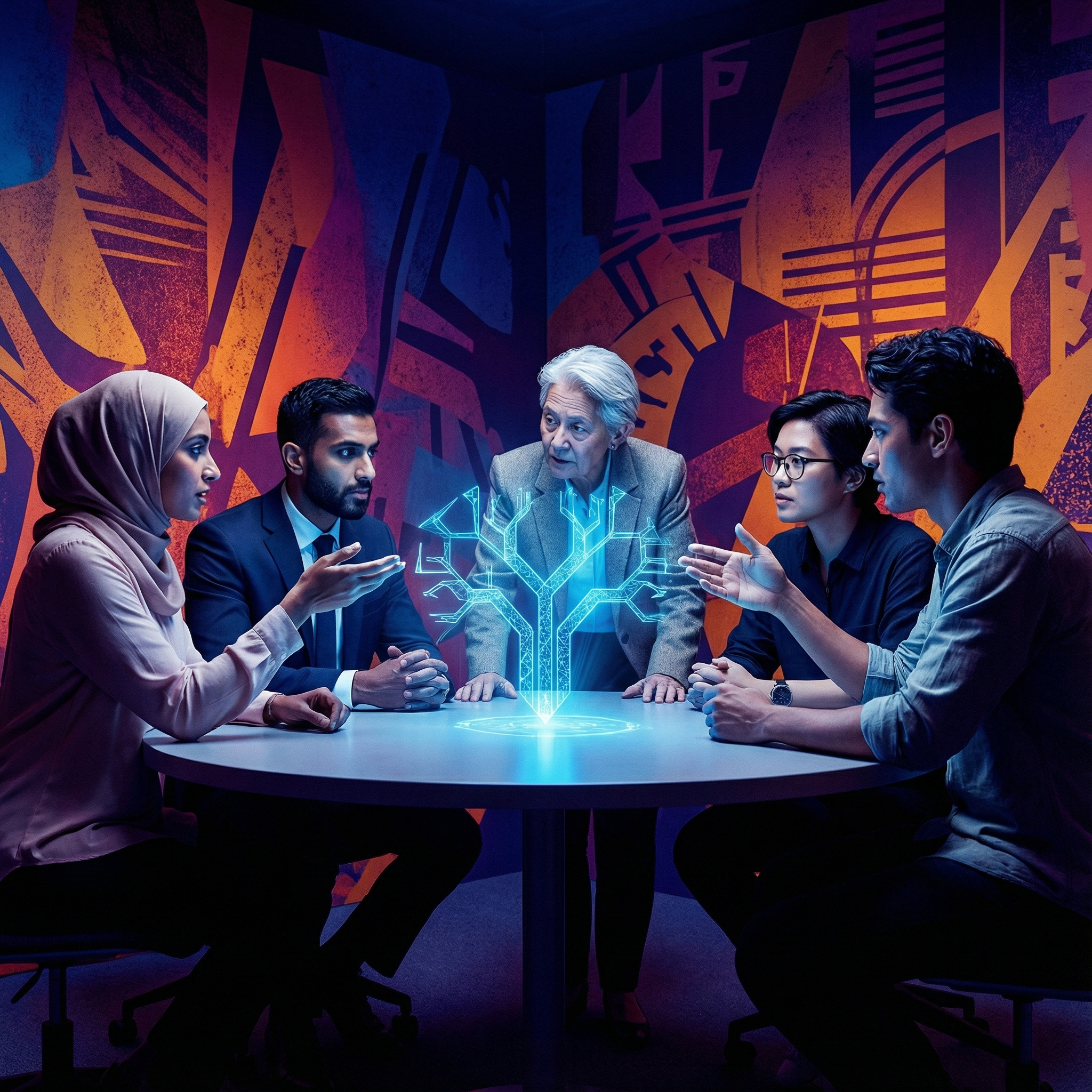 A diverse group of people discussing ethical guidelines around a holographic projection of an AI interface, representing responsible AI development and future considerations for mental health, informational style, high contrast, colored background, no visible text, aspect ratio 1:1.