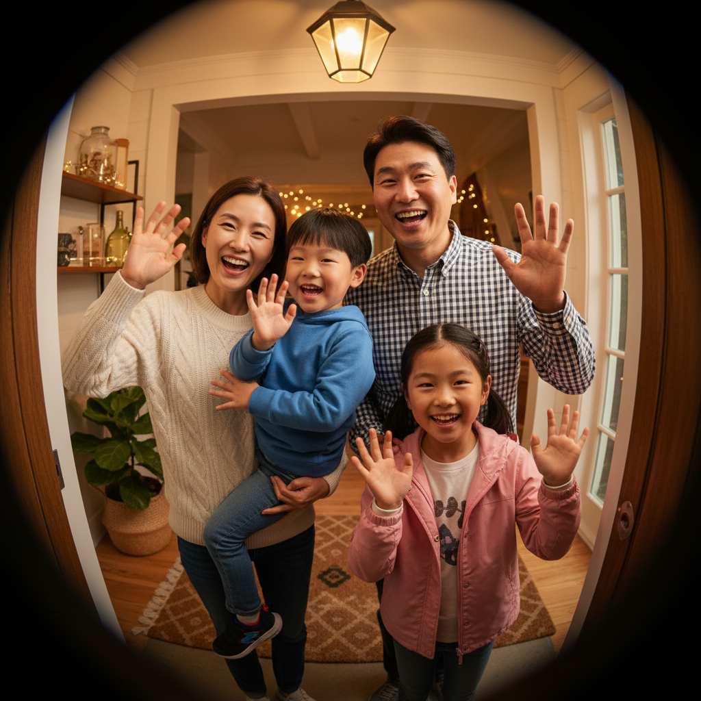 A cheerful Korean family smiling and waving at a Ring video doorbell, warm lighting, cozy home entrance background, no text
