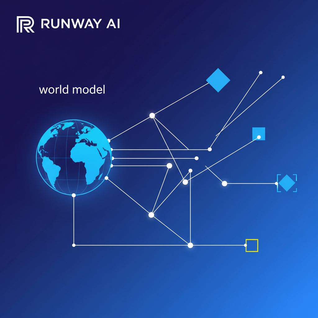Clean infographic showing the Runway AI logo, a stylized globe representing a world model, interconnected lines, modern layout, high contrast, colored background, no text