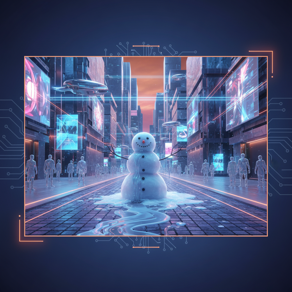 A hyperrealistic, cinematic video frame of a futuristic city street with a melting snowman, showcasing advanced AI text-to-video generation. Dynamic, complex scene with subtle movements. Style: clean infographic, modern layout, high contrast. No visible text. colored background, Centered focus, visually rich, no empty margins