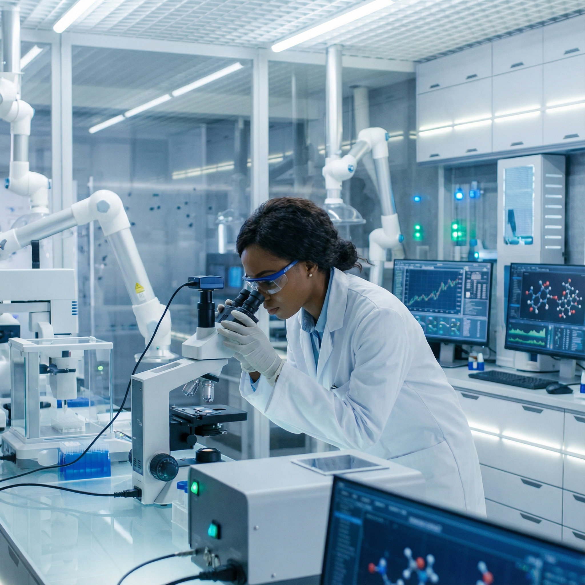 A diverse scientist in a sterile laboratory, focused on microscopic research or chemical synthesis, surrounded by advanced equipment. Emphasize innovation and scientific endeavor. Informational style, modern layout, aspect ratio 1:1, no visible text.