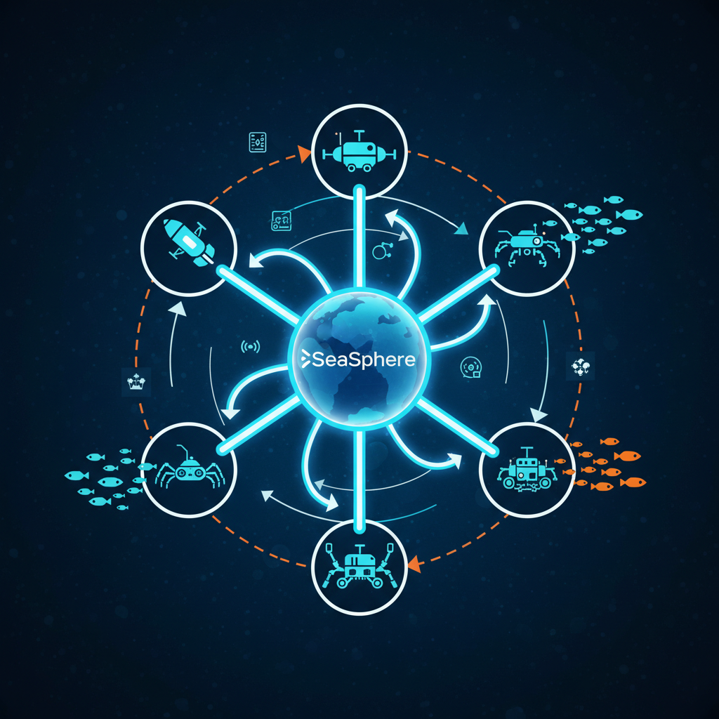 A clean infographic showing data flow and communication between multiple underwater robots, with 'SeaSphere' as the central management hub, modern layout, high contrast, no text