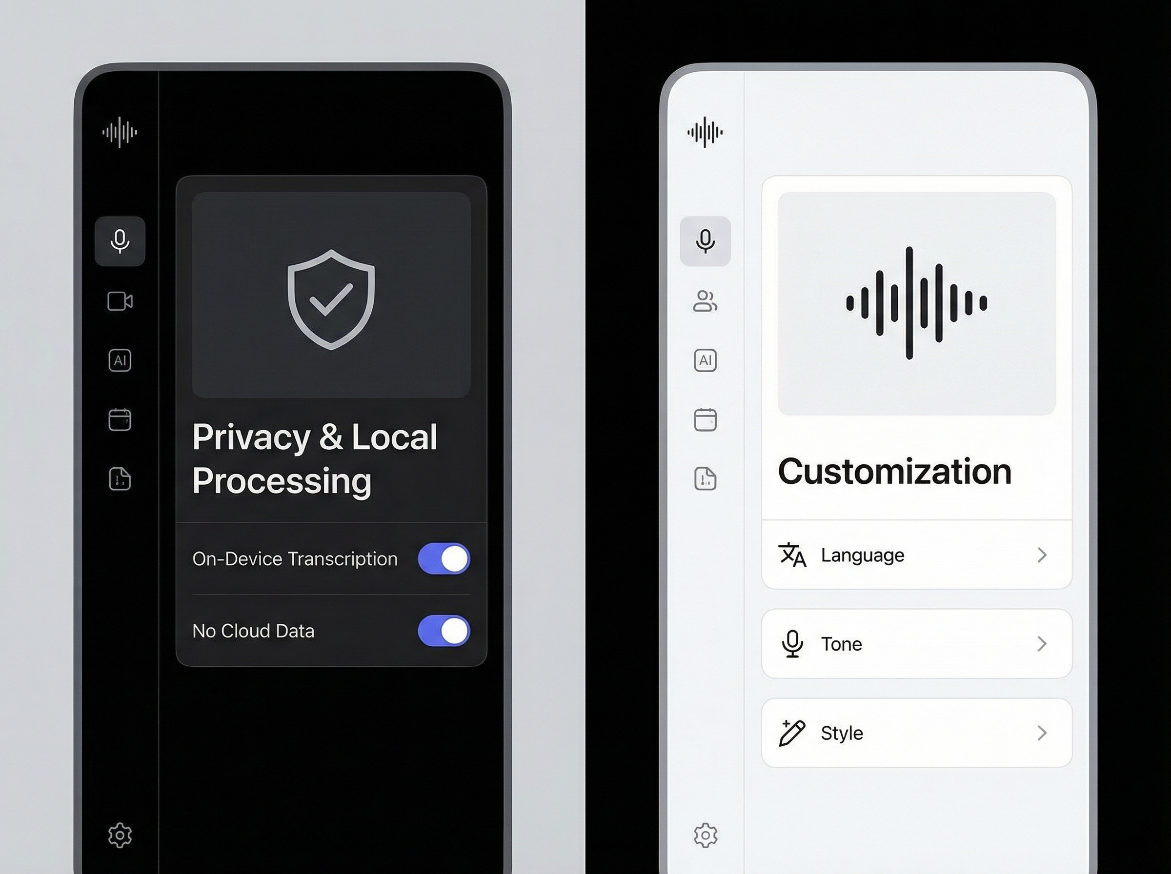 A split screen showing two different AI dictation app interfaces side by side. One side highlights privacy settings and local processing. The other side shows customization options for language and tone. Clear, modern UI design with a focus on feature comparison. Aspect ratio 4:3, no visible text.