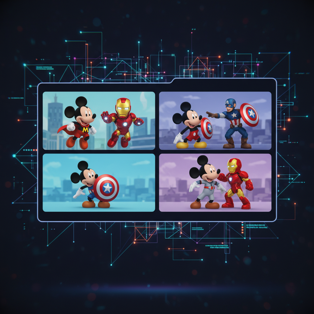 A realistic depiction of short, user-prompted social videos featuring Mickey Mouse and Marvel characters like Iron Man and Captain America, displayed on a sleek, modern screen. The background is a dynamic, abstract representation of digital content creation. No text.