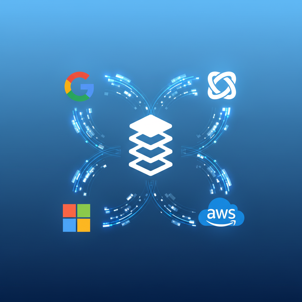 Clean infographic showing the Stack Overflow logo at the center, with data streams flowing outwards to prominent AI company logos like Google and OpenAI. Modern layout, high contrast, gradient blue background, no text.