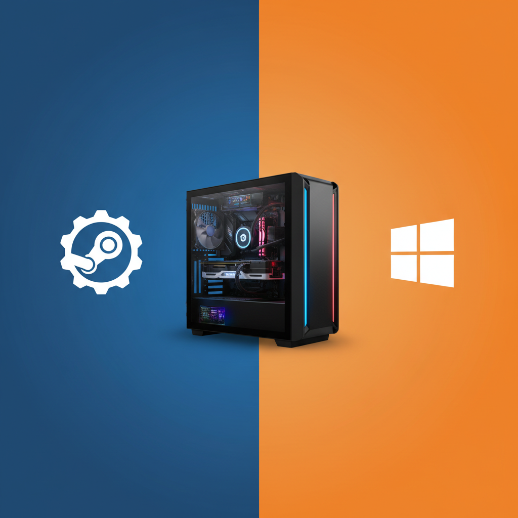 Clean infographic showing SteamOS logo on one side and Windows logo on the other, with a gaming PC in the center. Modern layout, high contrast, colored background. No visible text.