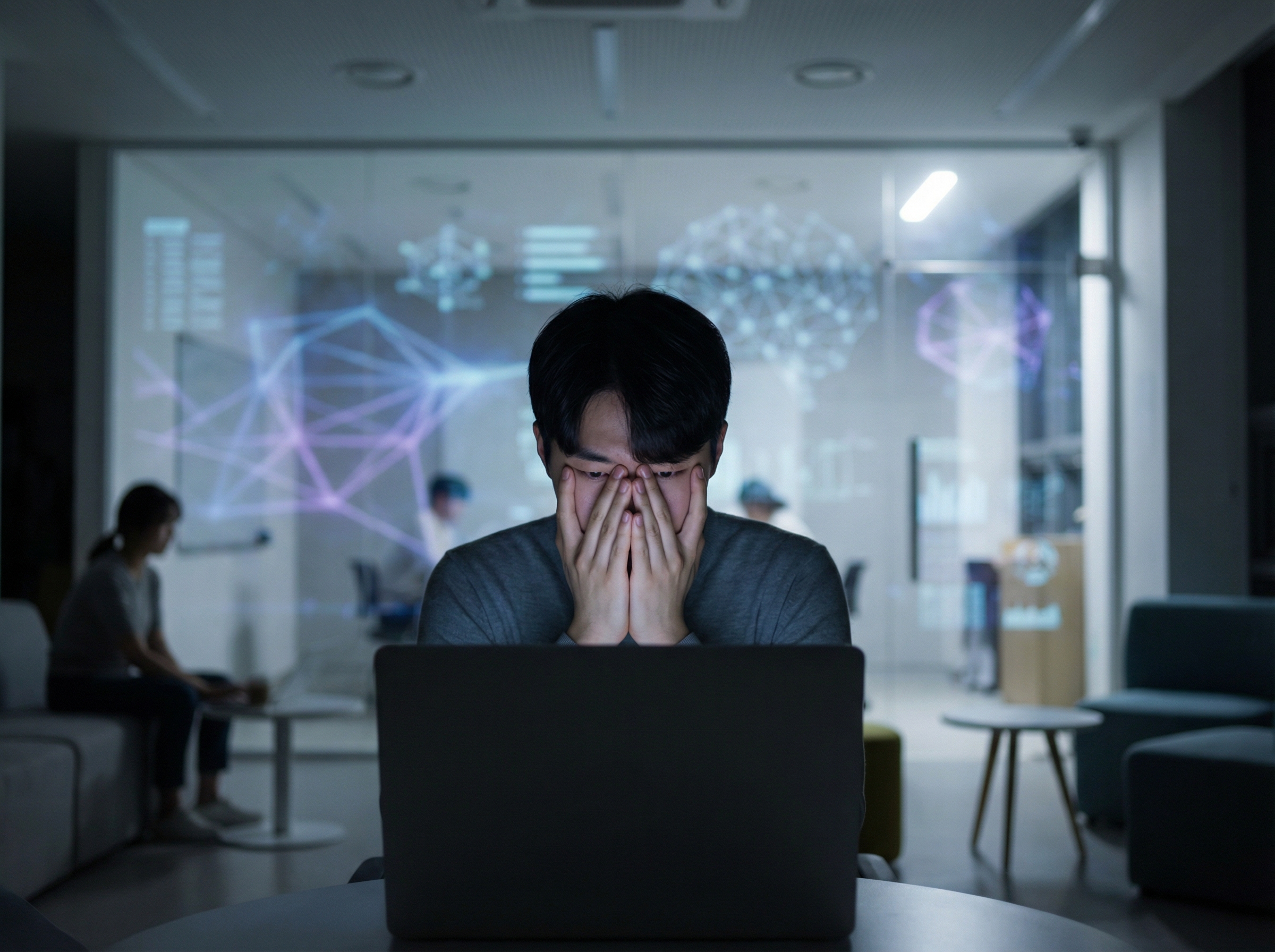 A stressed Korean student looking at a laptop screen, subtle AI interface elements in the background, modern layout, high contrast, 4:3 aspect ratio, no visible text.