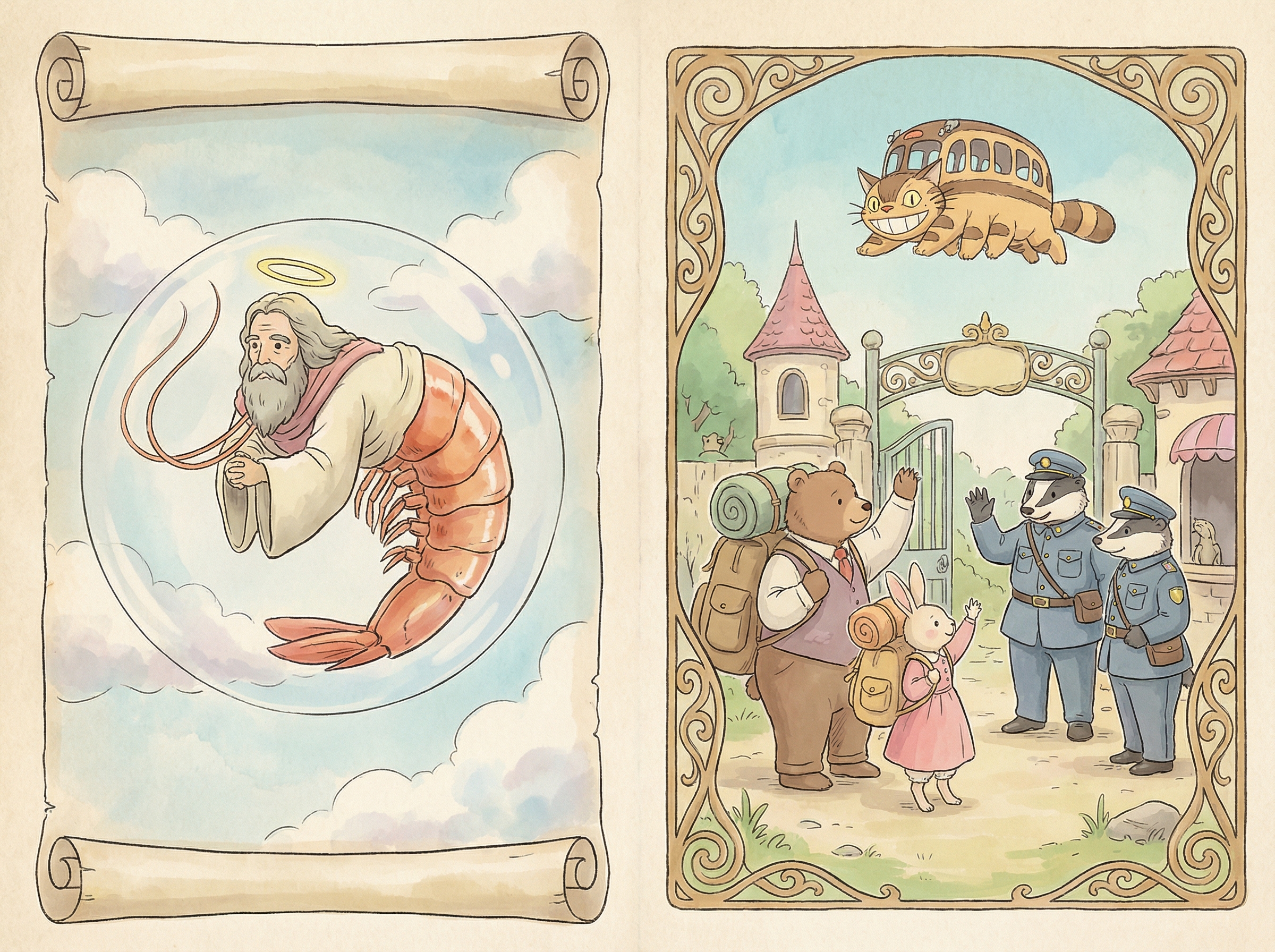 A humorous and surreal image of Jesus fused with a shrimp, alongside an image of a deportation scene rendered in the whimsical, hand-drawn style of Studio Ghibli. Informational style, no visible text, 4:3 aspect ratio.